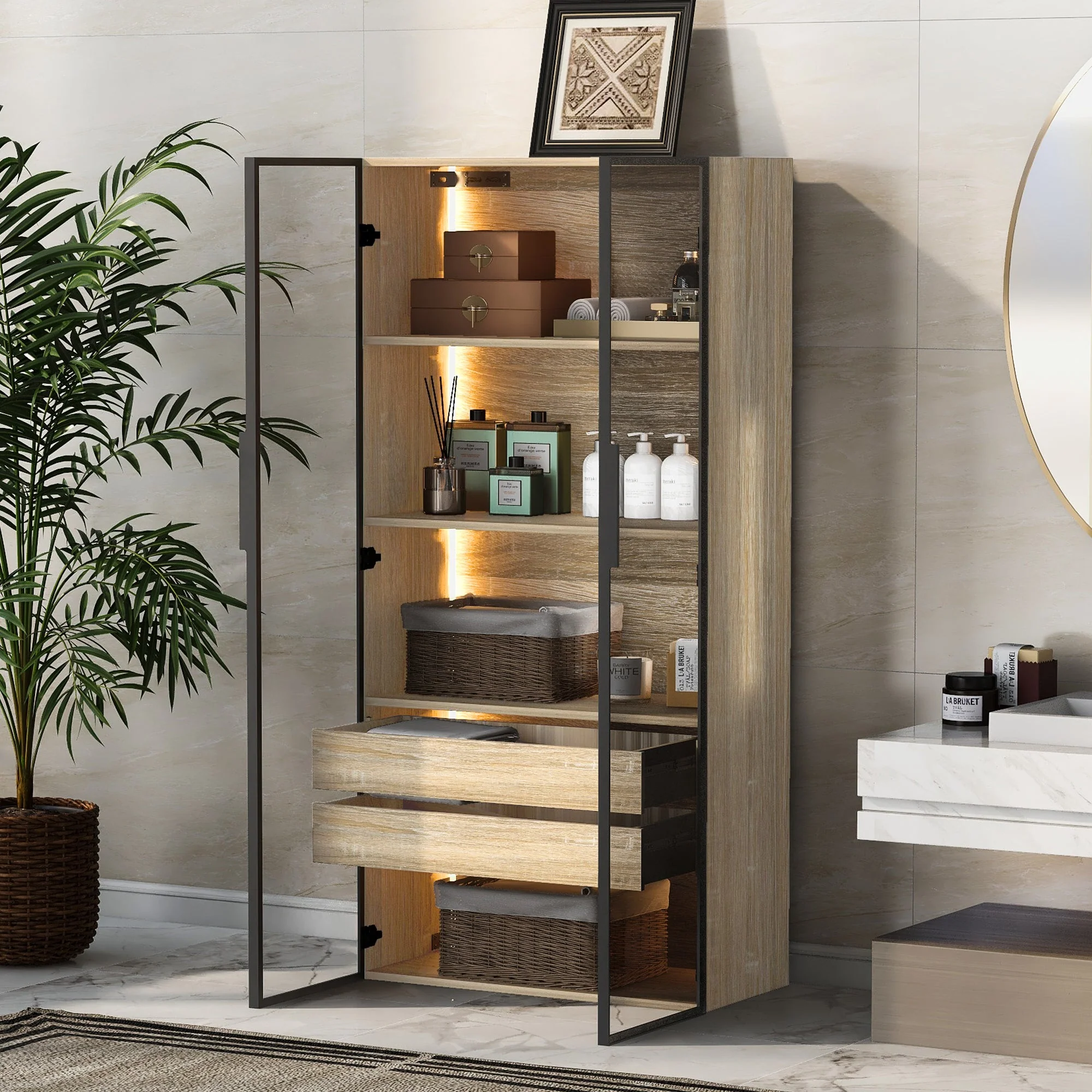 Bathroom Cabinet, 73cm, 2 Drawers & 2 Doors, Glass - Image 2