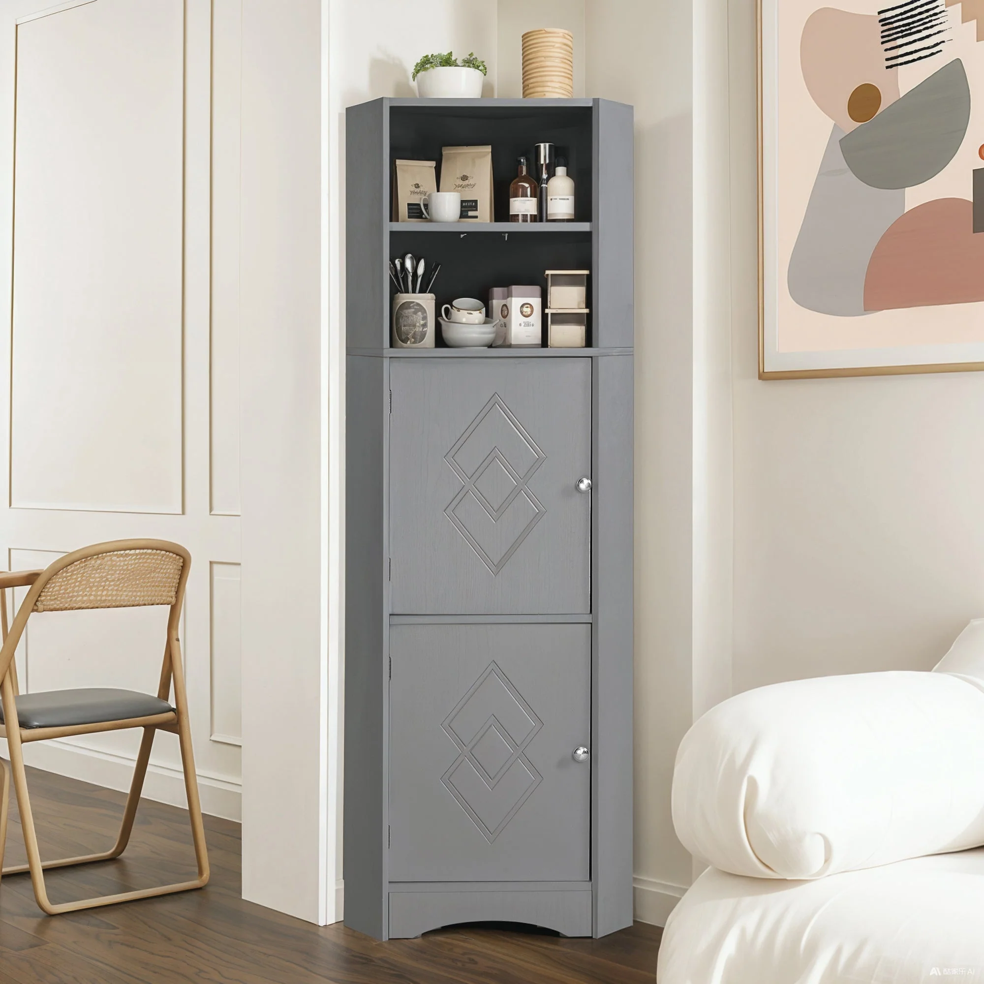 Bathroom Cabinet, Corner with Adjustable Shelf & Storage, Light Grey