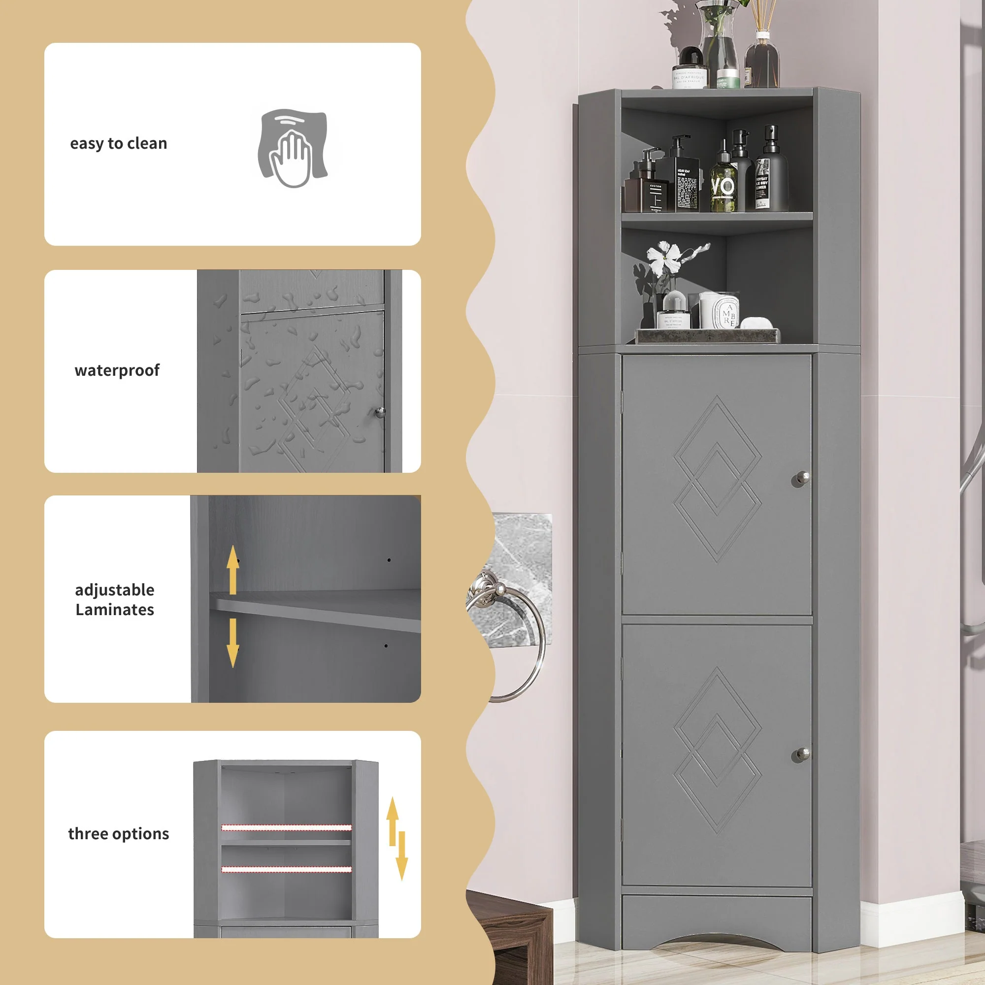Bathroom Cabinet, Corner with Adjustable Shelf & Storage, Light Grey - Image 10
