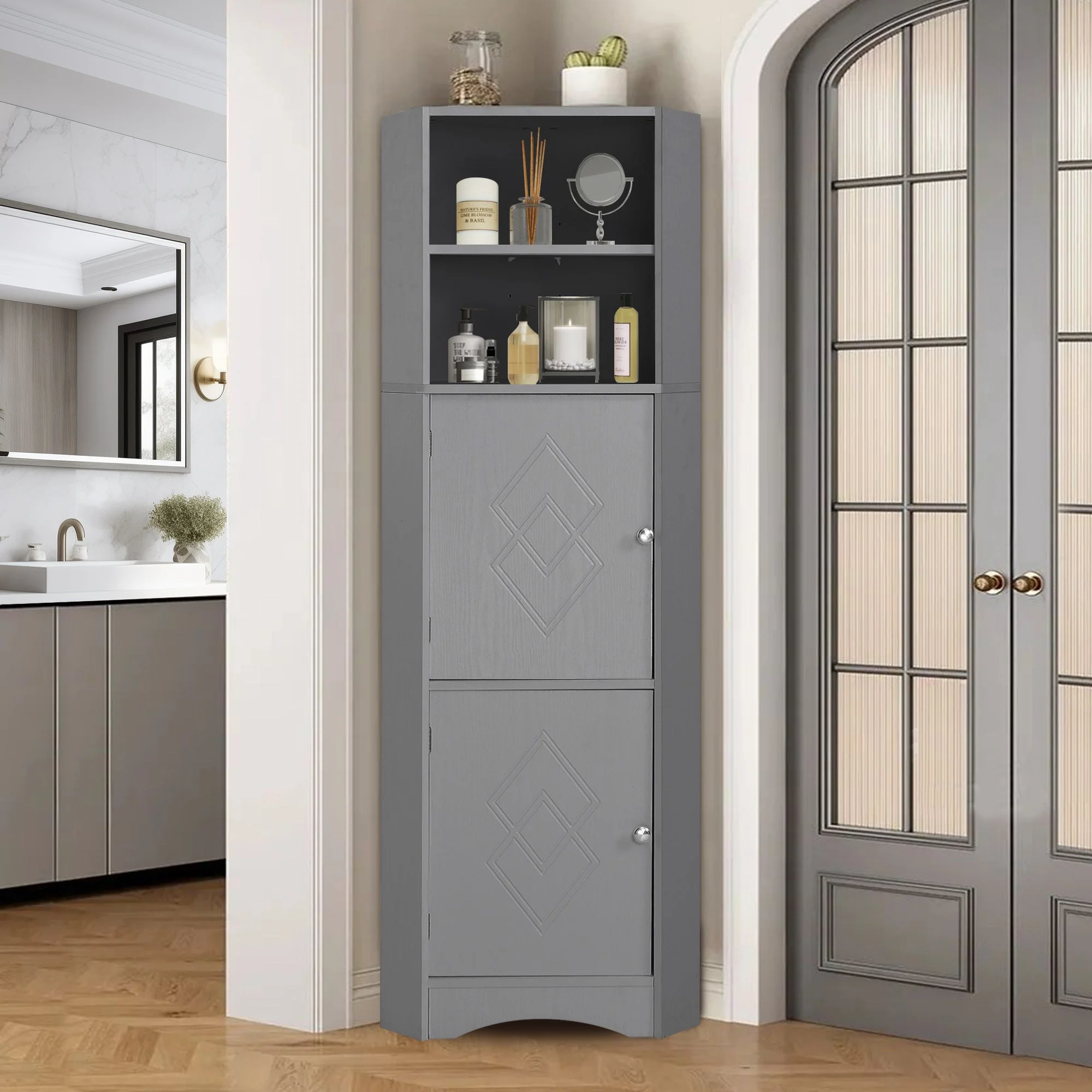 Bathroom Cabinet, Corner with Adjustable Shelf & Storage, Light Grey - Image 3