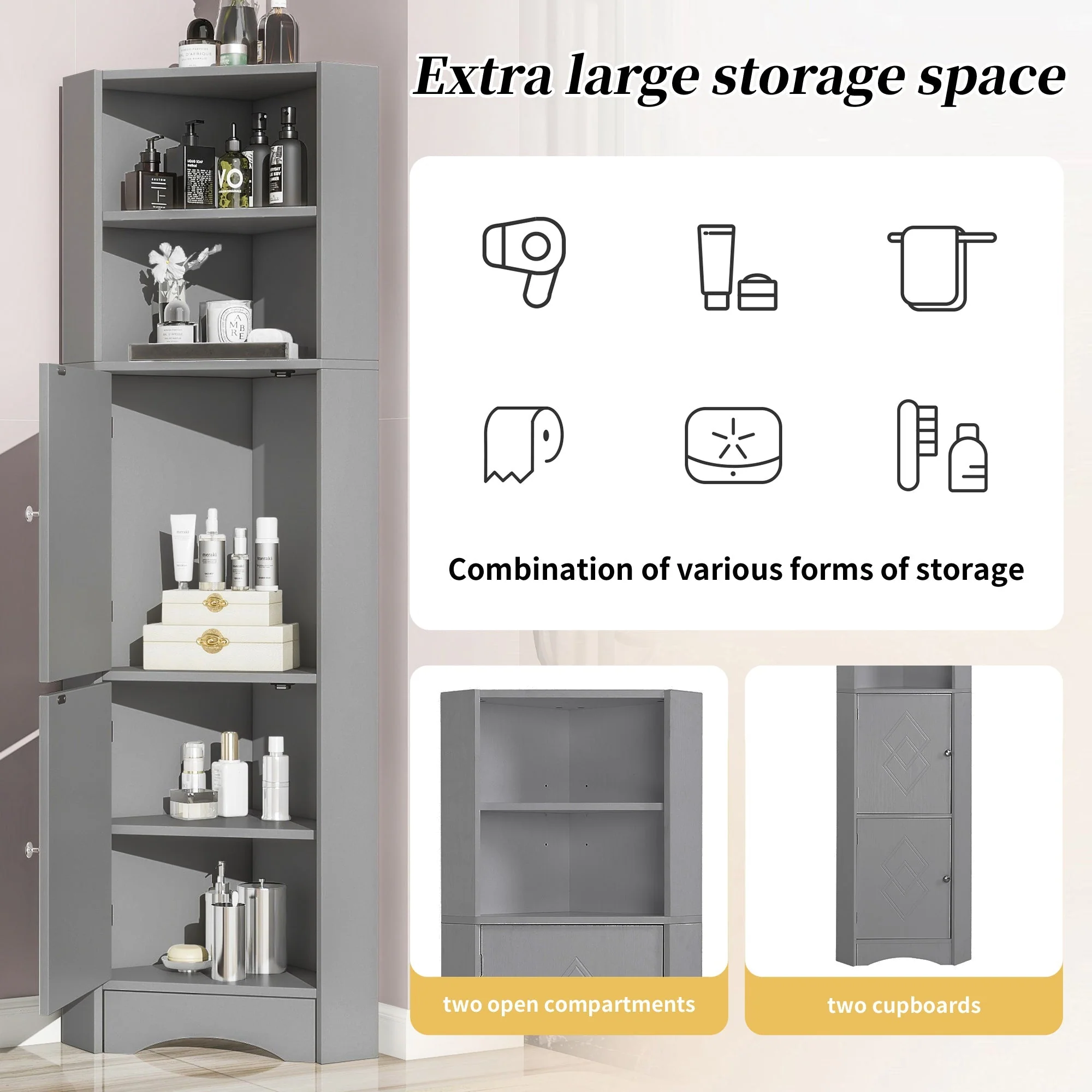 Bathroom Cabinet, Corner with Adjustable Shelf & Storage, Light Grey - Image 8