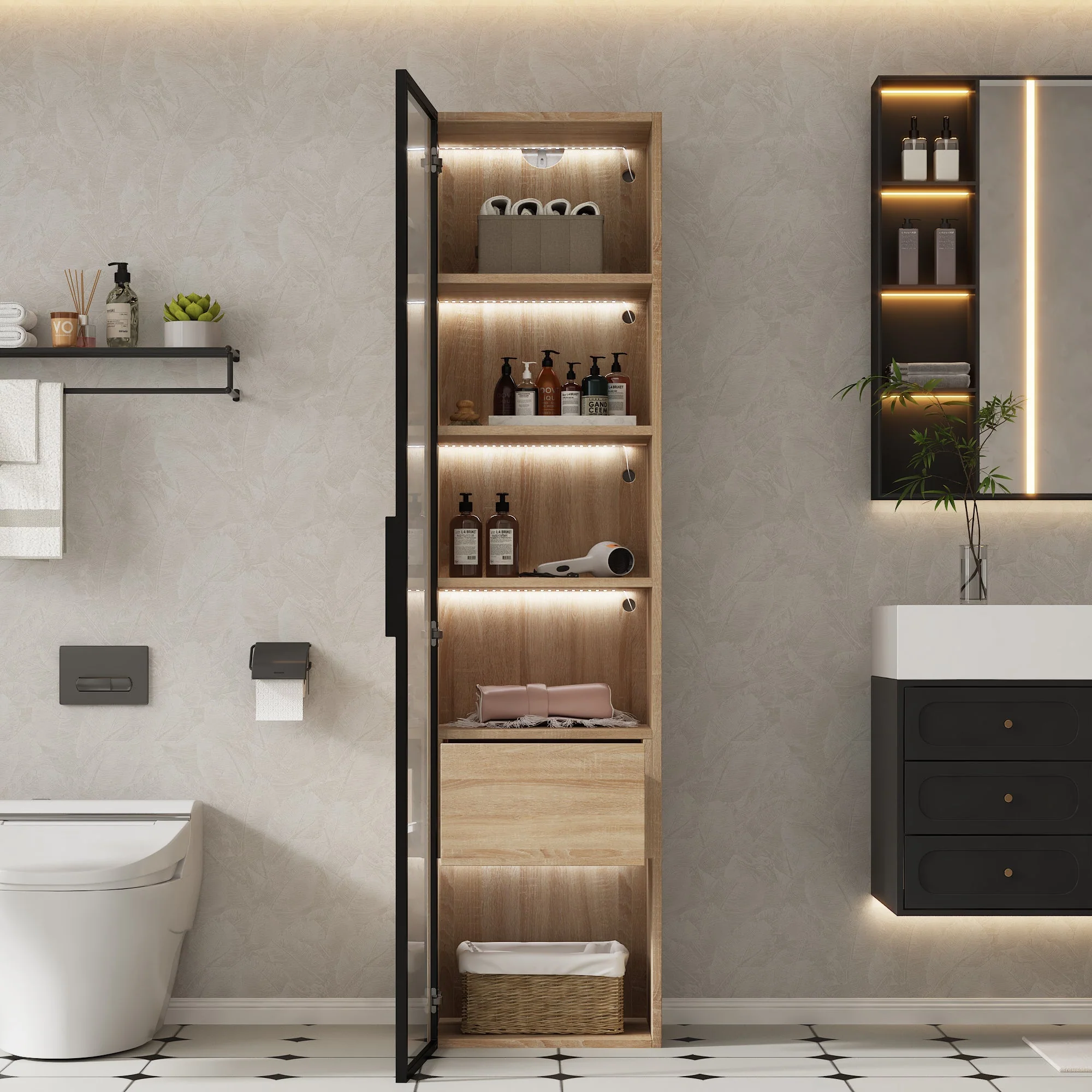 Bathroom Cabinet, Medium 40cm Light Strip 1 Drawer 1 Glass Door - Image 5
