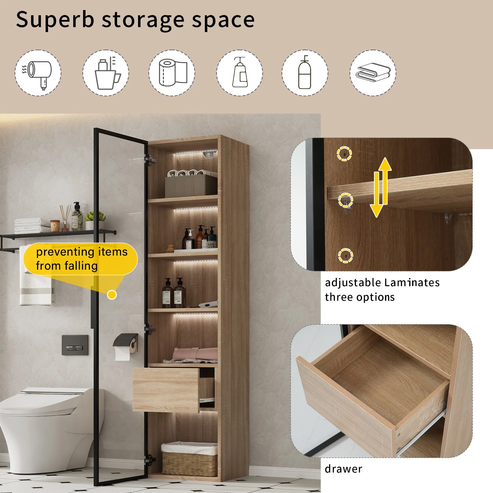 Bathroom Cabinet, Medium 40cm Light Strip 1 Drawer 1 Glass Door - Image 8