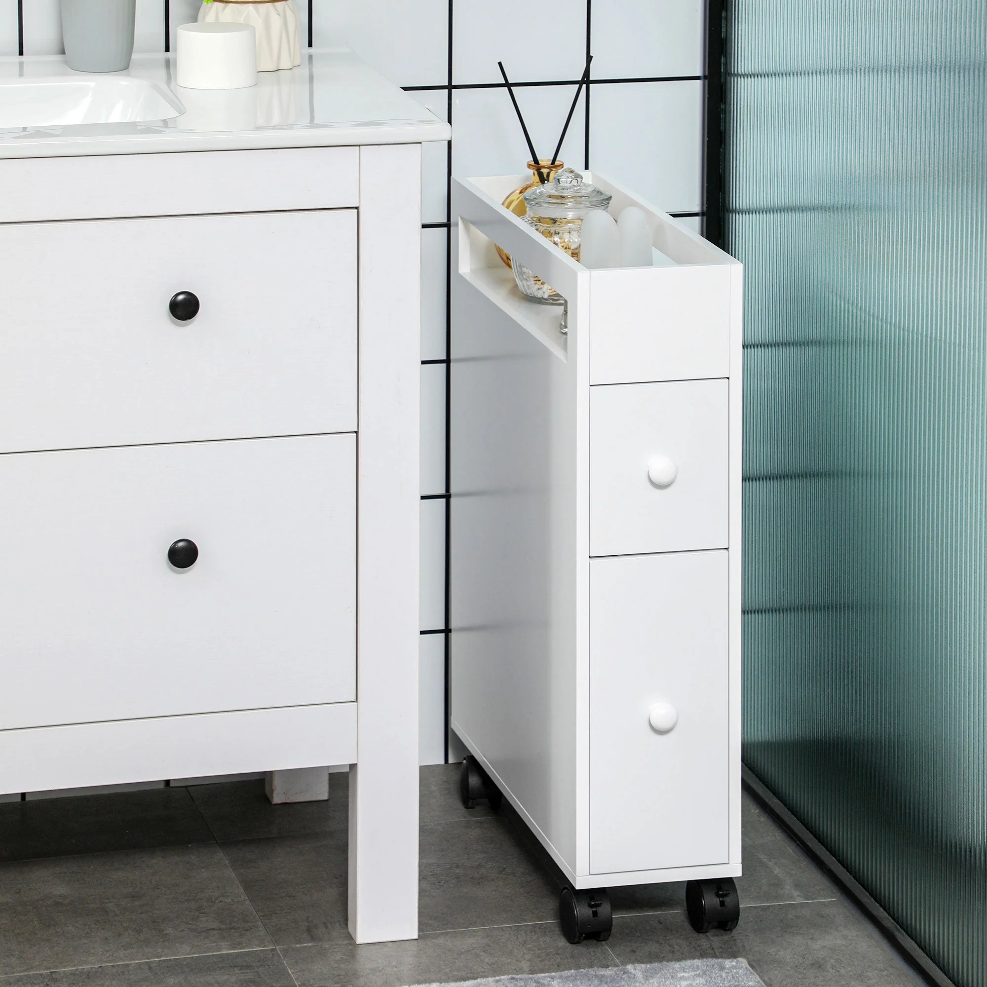 Bathroom Cabinet Niche Trolley with Wheels 2 Drawers Open Compartment, White
