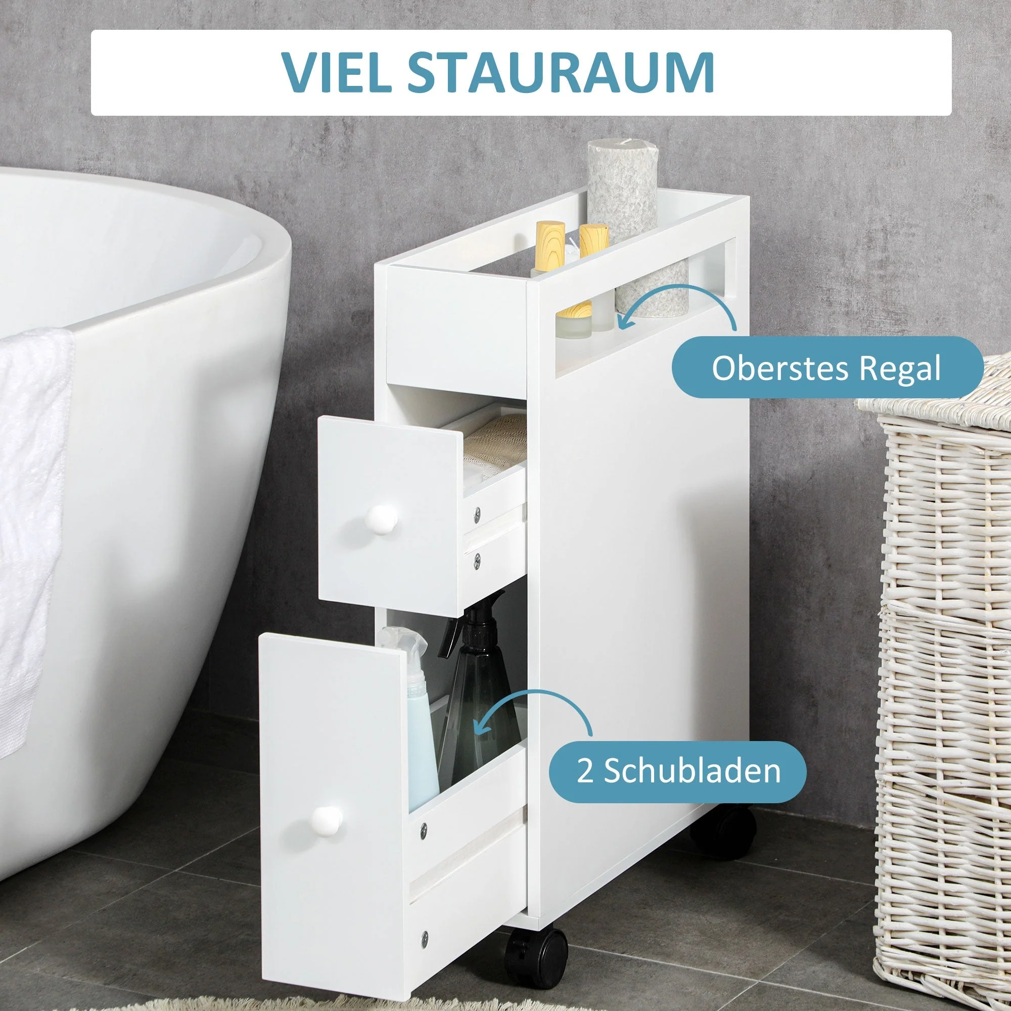 Bathroom Cabinet Niche Trolley with Wheels 2 Drawers Open Compartment, White - Image 4