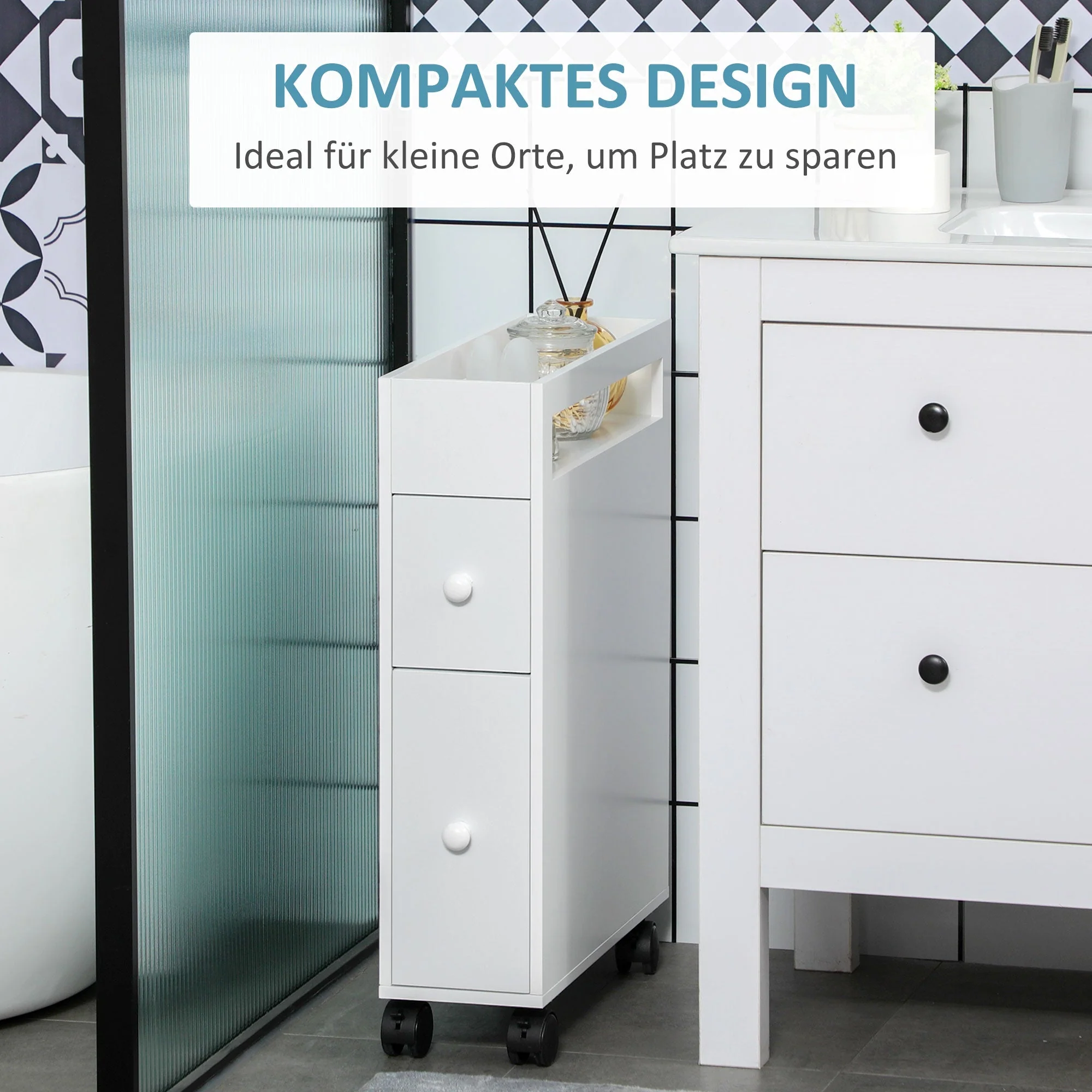 Bathroom Cabinet Niche Trolley with Wheels 2 Drawers Open Compartment, White - Image 6