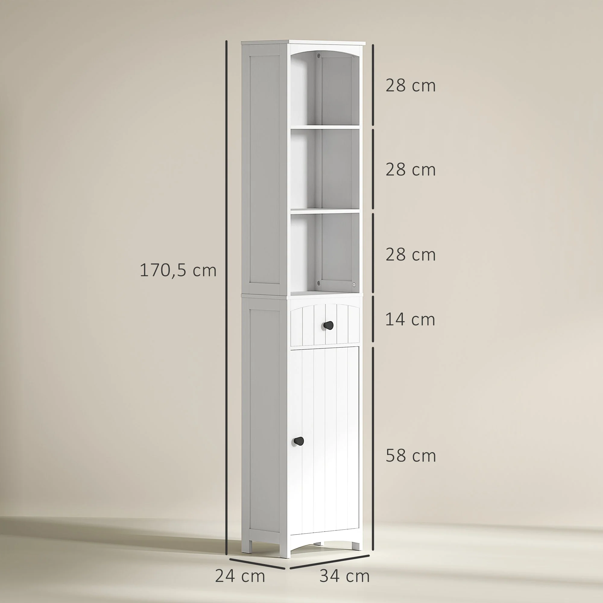 Bathroom Cabinet, Tall with 3 Shelves, 1 Drawer, White - Image 3