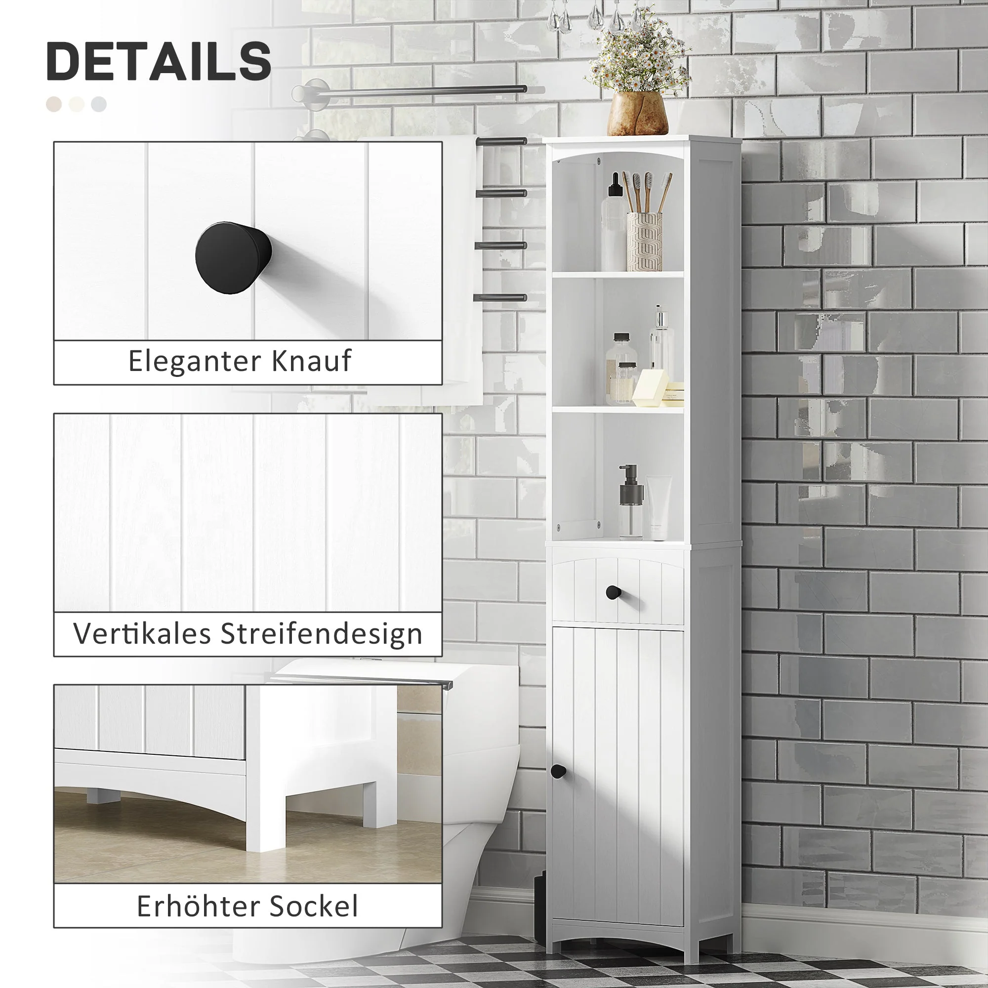 Bathroom Cabinet, Tall with 3 Shelves, 1 Drawer, White - Image 5