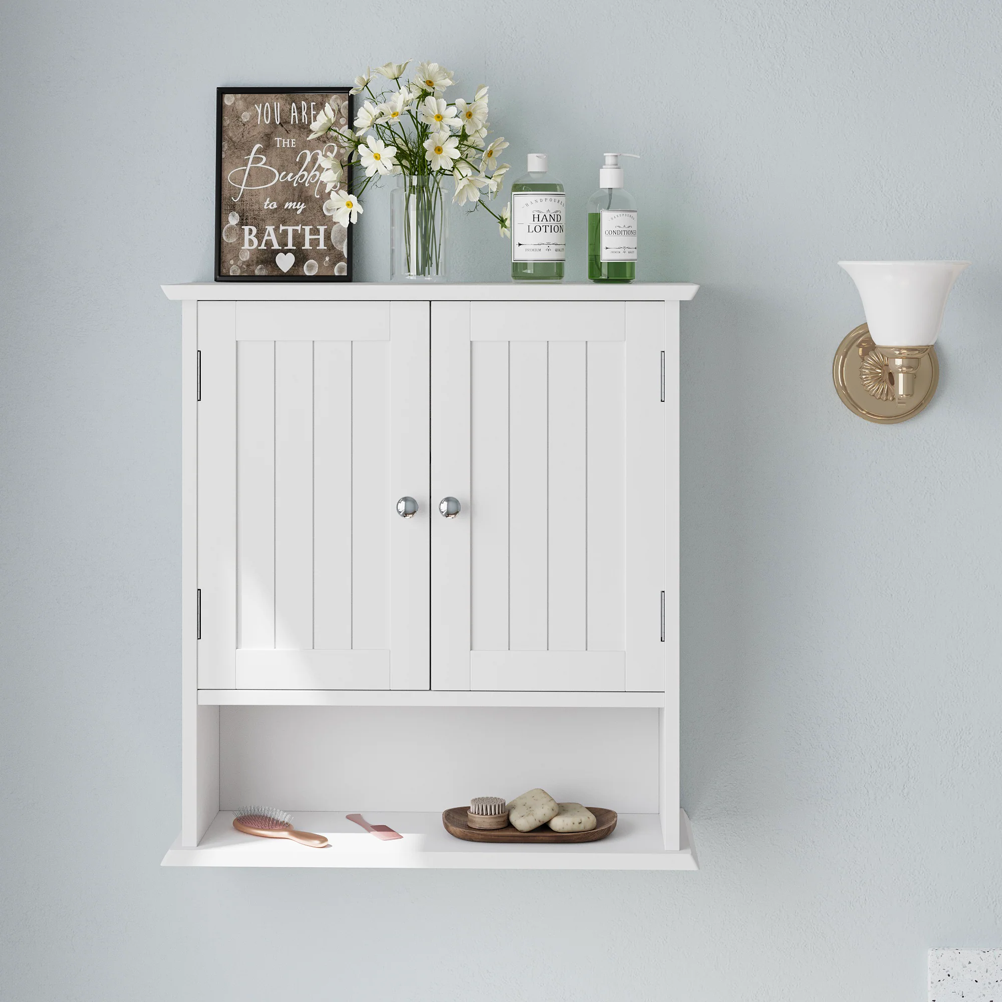 Bathroom Cabinet, Wall Mounted with Double Doors & Adjustable Shelves, White - Image 3