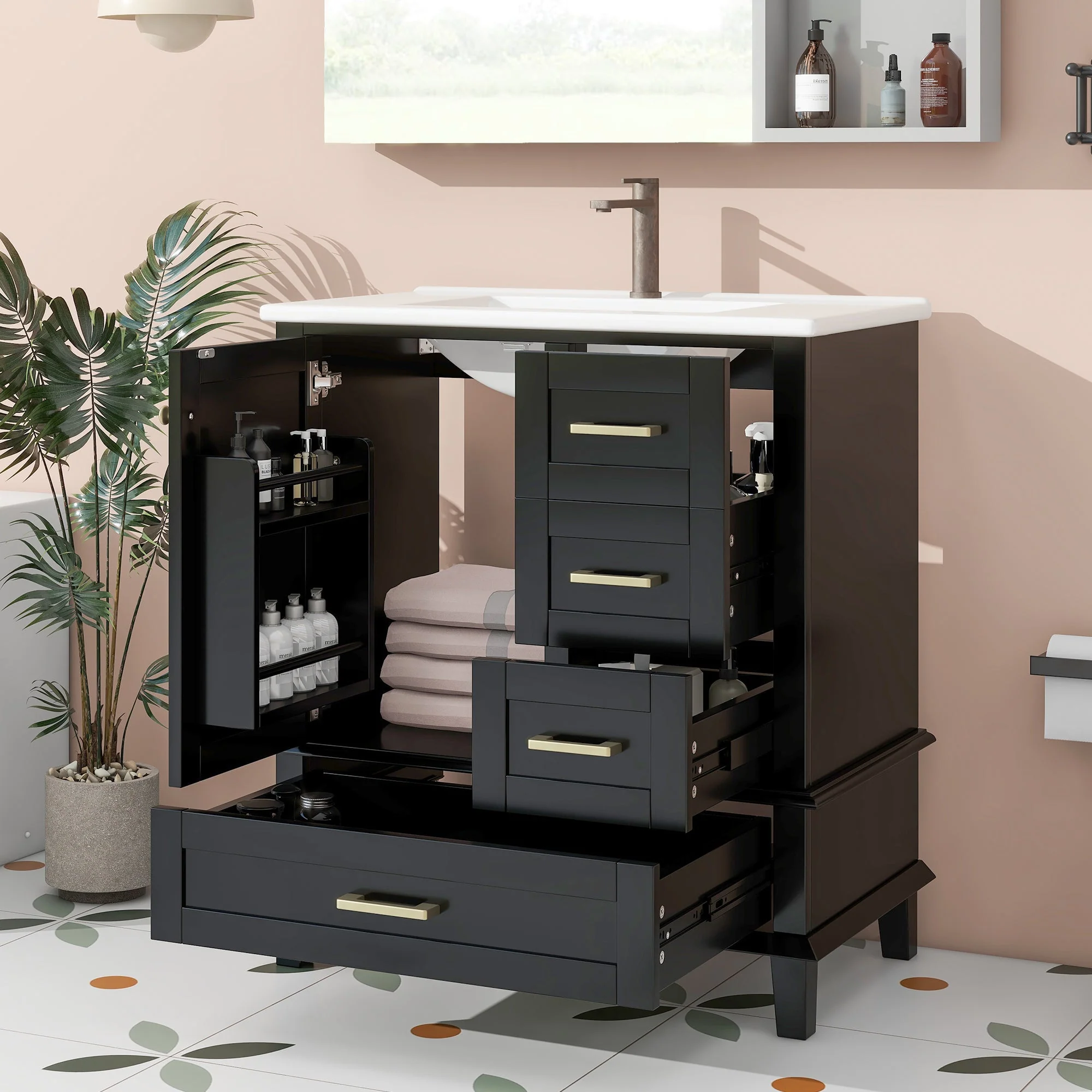 Bathroom Cabinet with Ceramic Sink and Silent Drawers, Black - Image 3