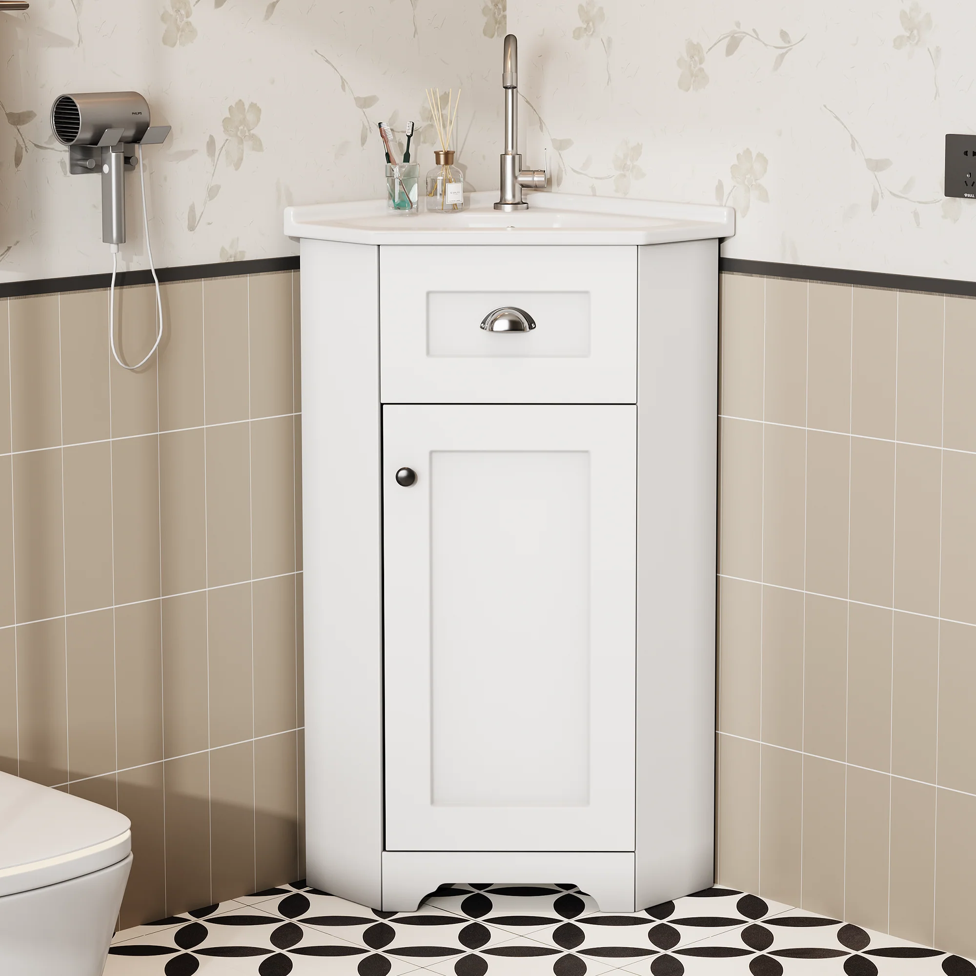 Bathroom Cabinet with Single Ceramic Sink and Waterproof MDF Body, White - Image 2