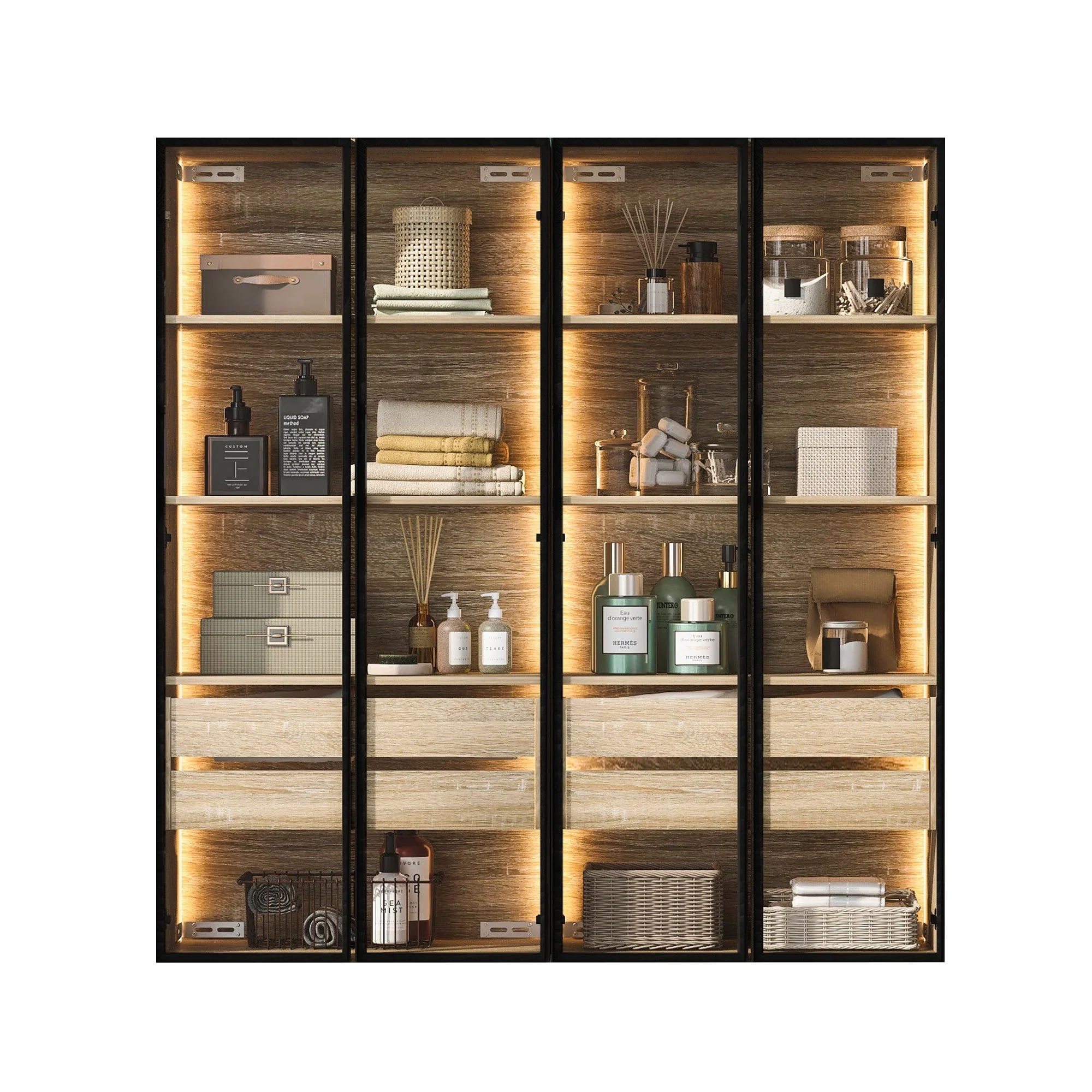 Bathroom Cabinets, Set of 2 Medium with Light Strip, 73cm Wide, 2 Drawers, 2 Doors, Glass - Image 2