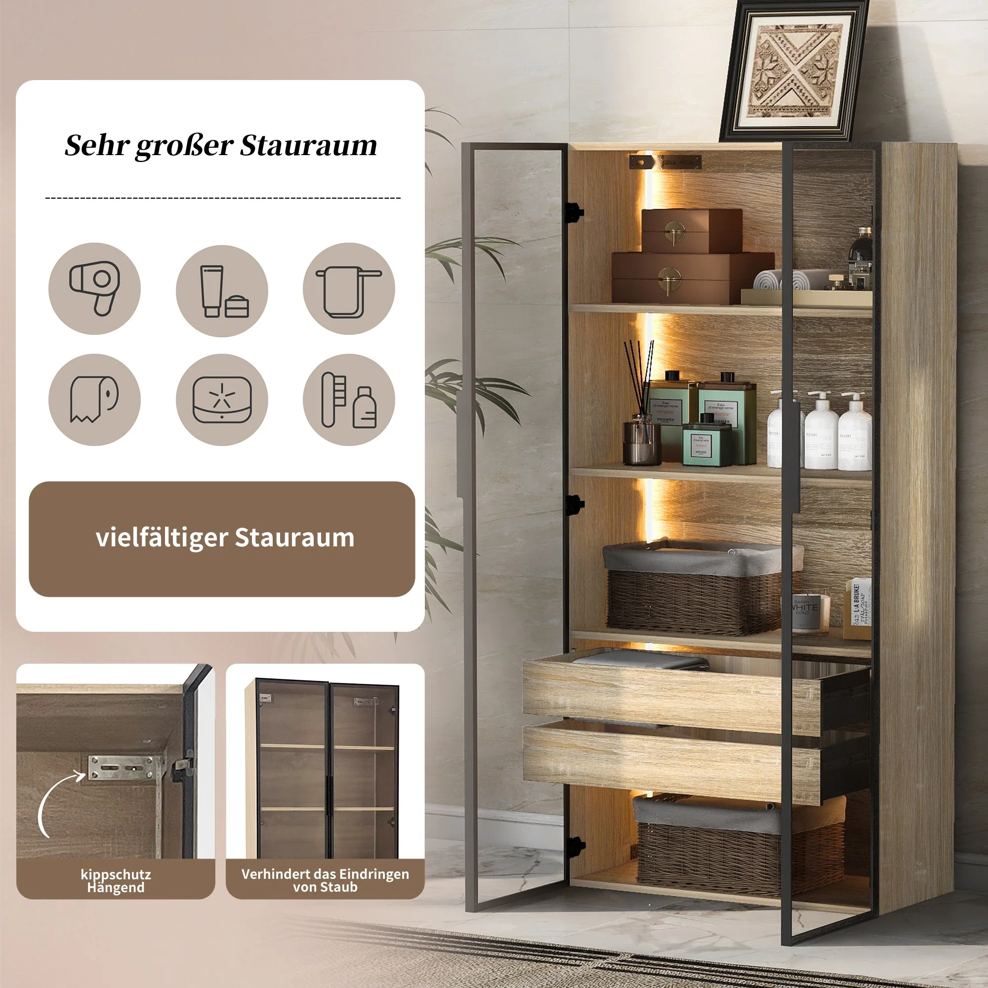 Bathroom Cabinets, Set of 2 Medium with Light Strip, 73cm Wide, 2 Drawers, 2 Doors, Glass - Image 9