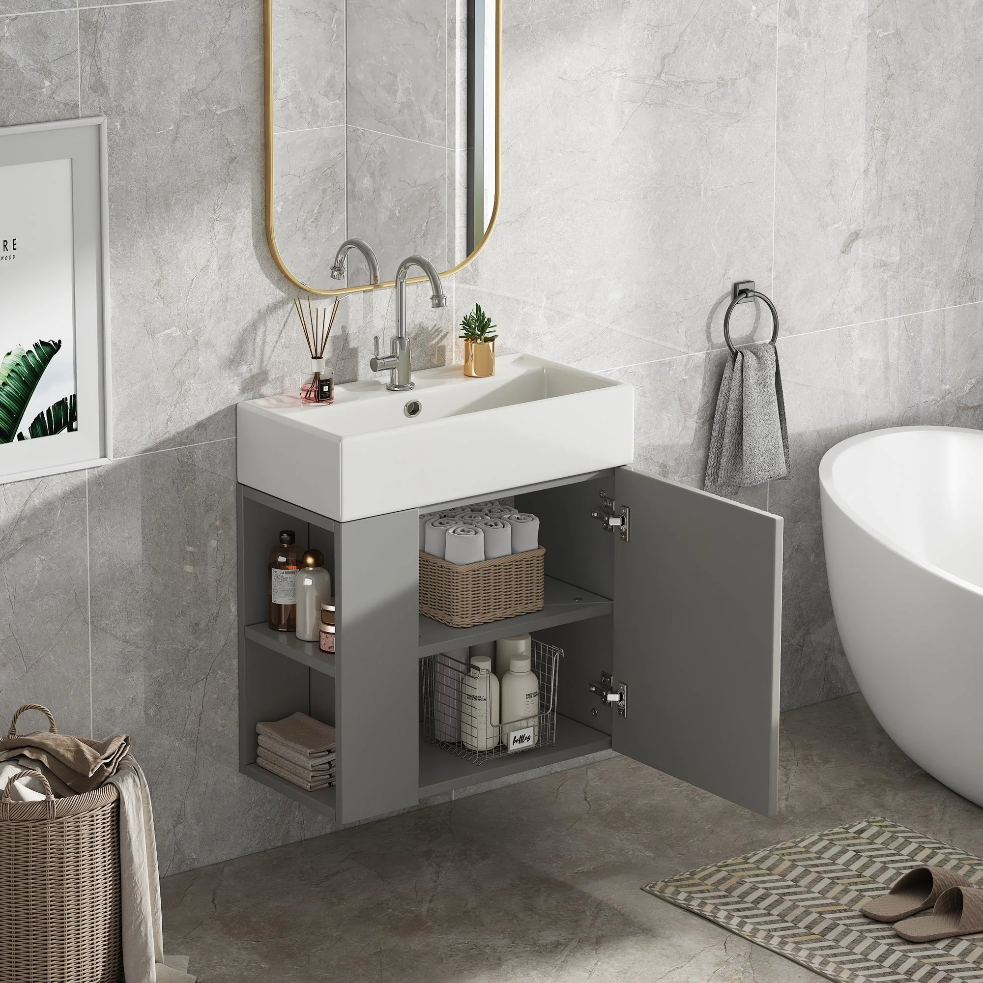 Bathroom Furniture Washbasin with Vanity Unit 55cm, Hanging, Light Grey - Image 8