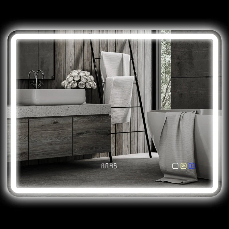 Bathroom Mirror 70x90cm LED Anti-Fog Clock Bluetooth, Silver