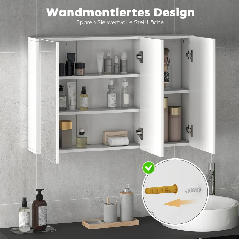 Bathroom Mirror Cabinet, 3 Mirrored Doors, Wall Mounted, White Chipboard - Image 4