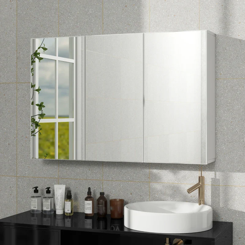 Bathroom Mirror Cabinet, 3 Mirrored Doors, Wall Mounted, White Chipboard - Image 6