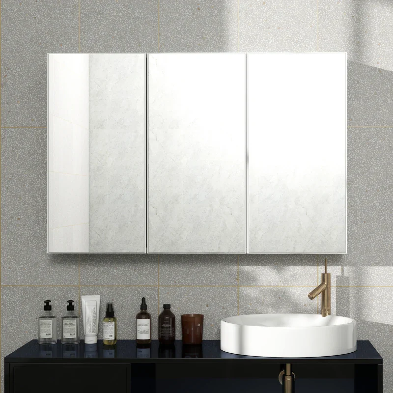 Bathroom Mirror Cabinet, 3 Mirrored Doors, Wall Mounted, White Chipboard - Image 7