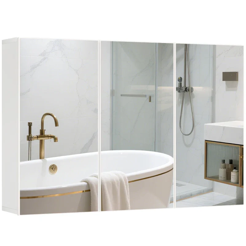 Bathroom Mirror Cabinet, 3 Mirrored Doors, Wall Mounted, White Chipboard - Image 8