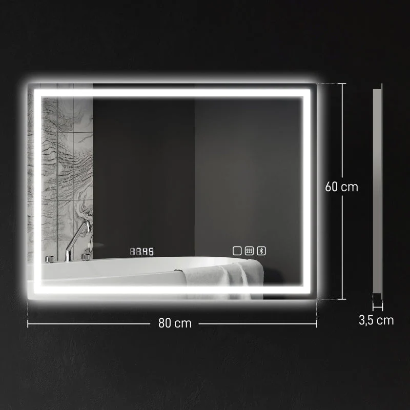 Bathroom Mirror LED Bluetooth Anti-Fog Touch Switch, 80x60cm, Silver - Image 2