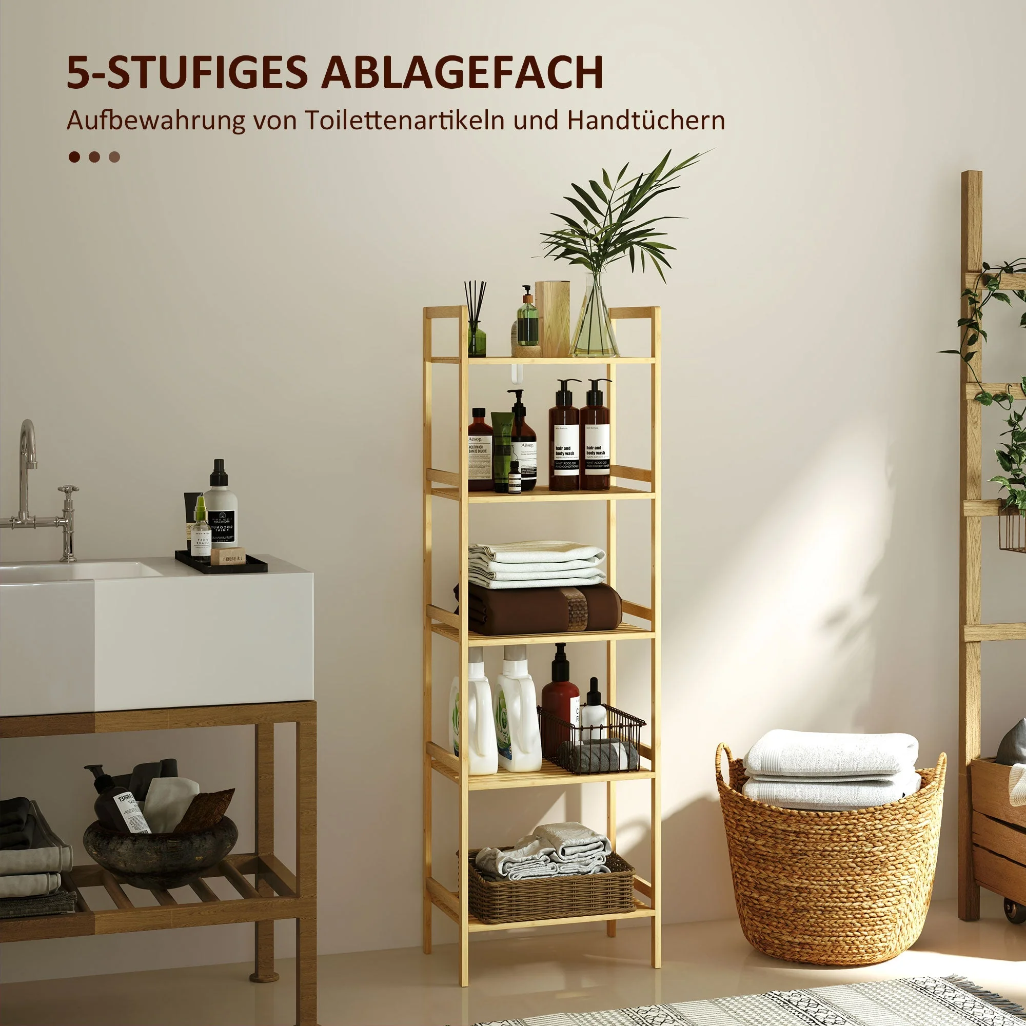 Bathroom Shelf, 5-Tier Storage Rack, Adjustable, Natural Wood - Image 4