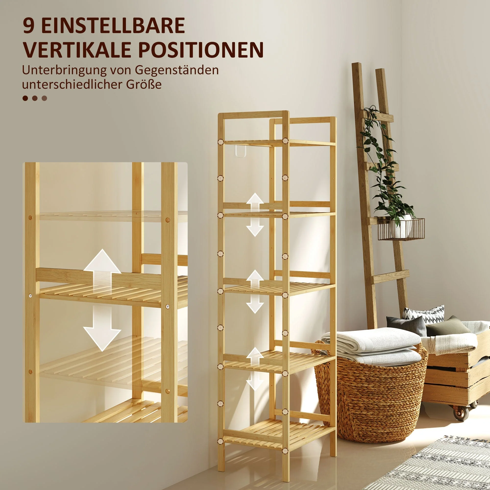 Bathroom Shelf, 5-Tier Storage Rack, Adjustable, Natural Wood - Image 5