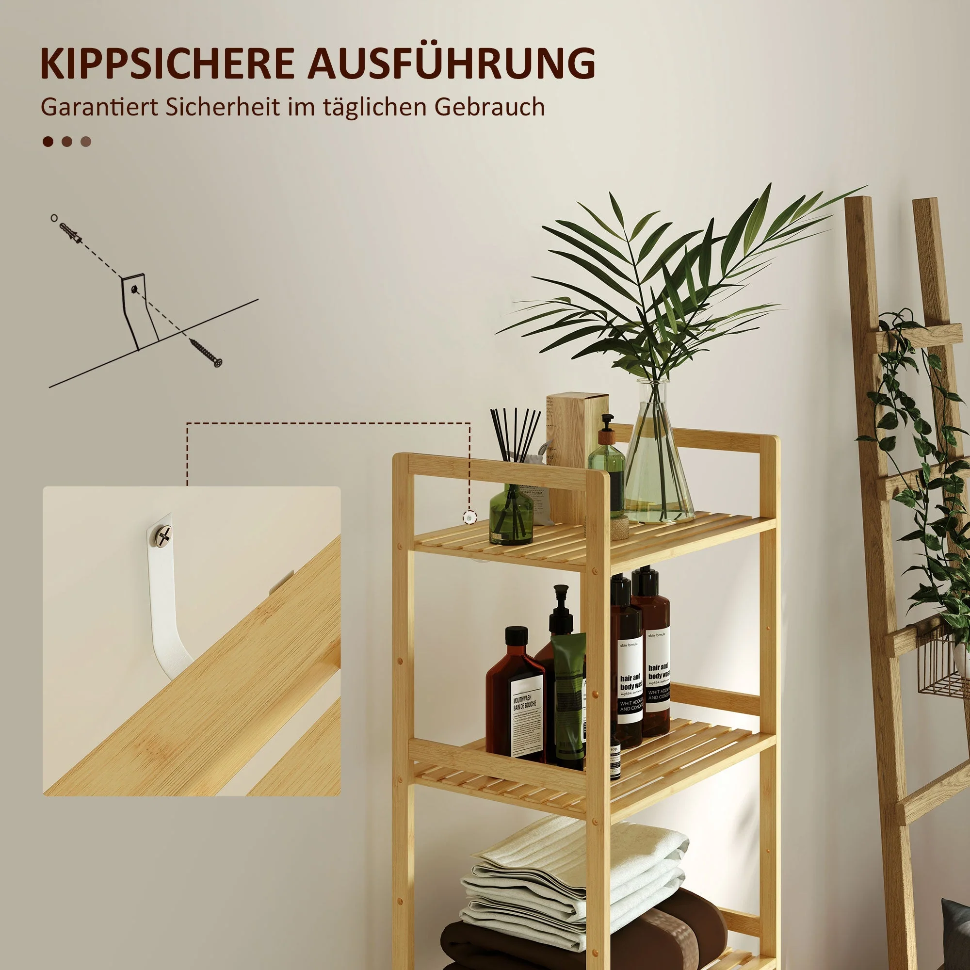 Bathroom Shelf, 5-Tier Storage Rack, Adjustable, Natural Wood - Image 6