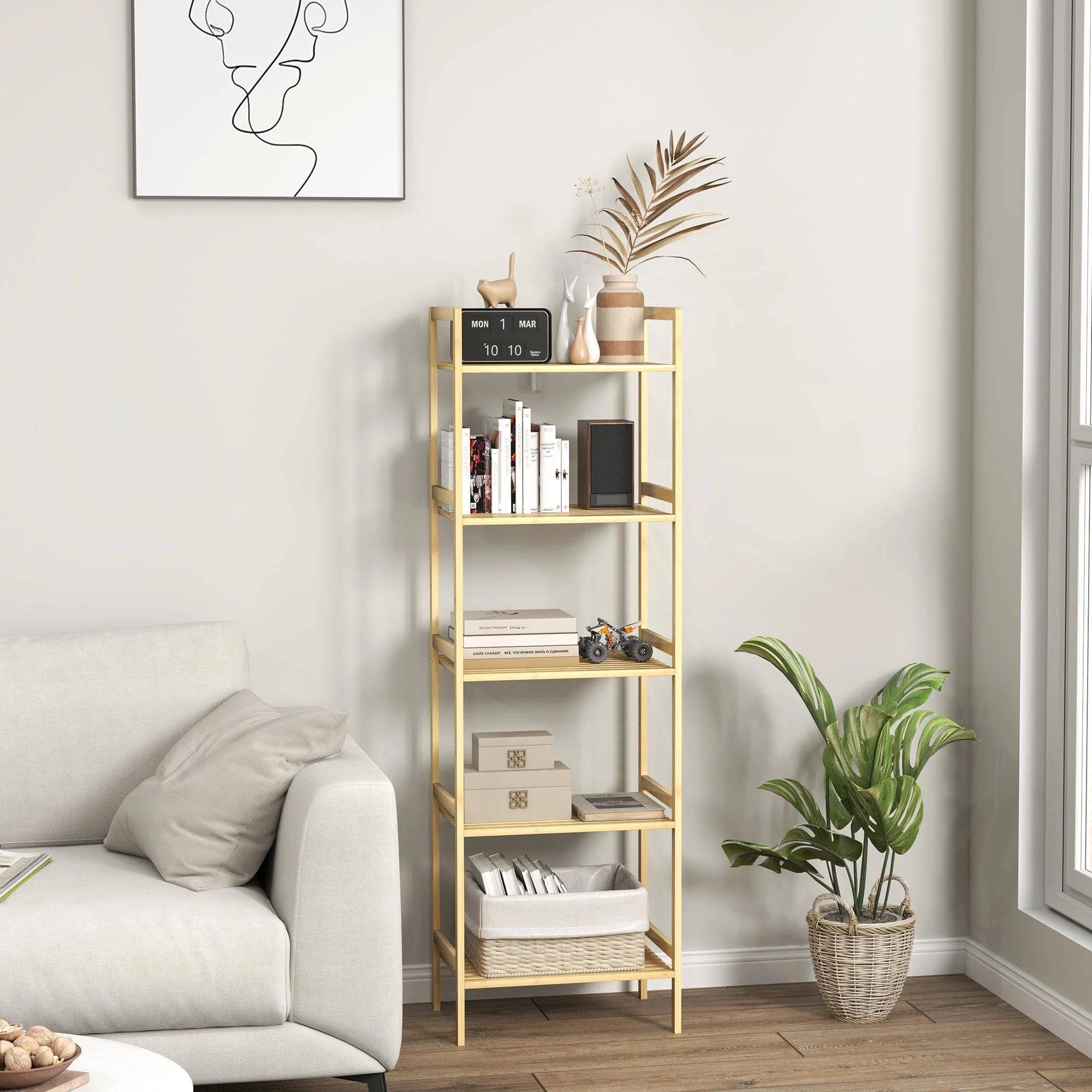 Bathroom Shelf, 5-Tier Storage Rack, Adjustable, Natural Wood - Image 7