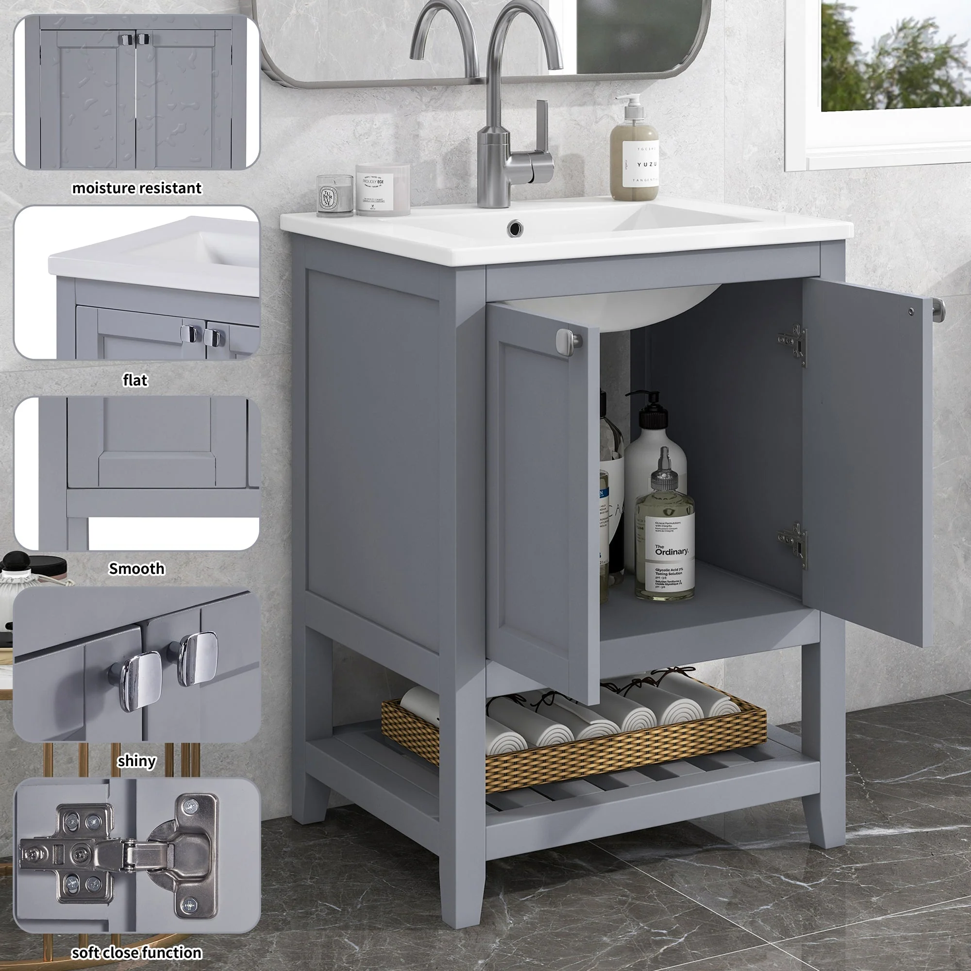 Bathroom Vanity Unit Base Cabinet 60cm Ceramic Washbasin Light Grey - Image 7
