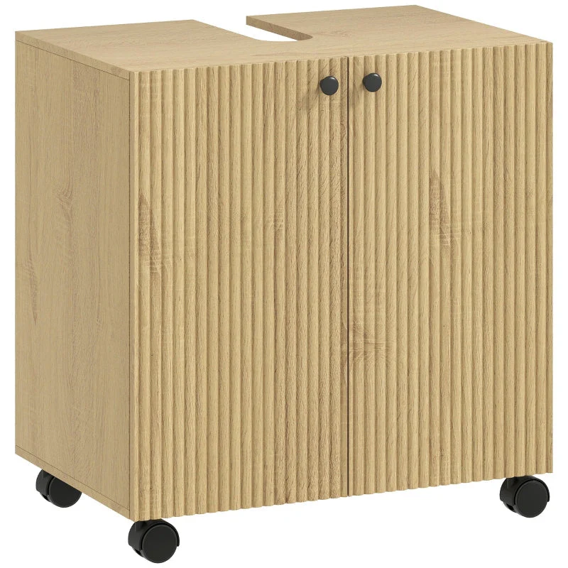 Bathroom Vanity Unit with 3-Tier Shelf and Wheels, Wood