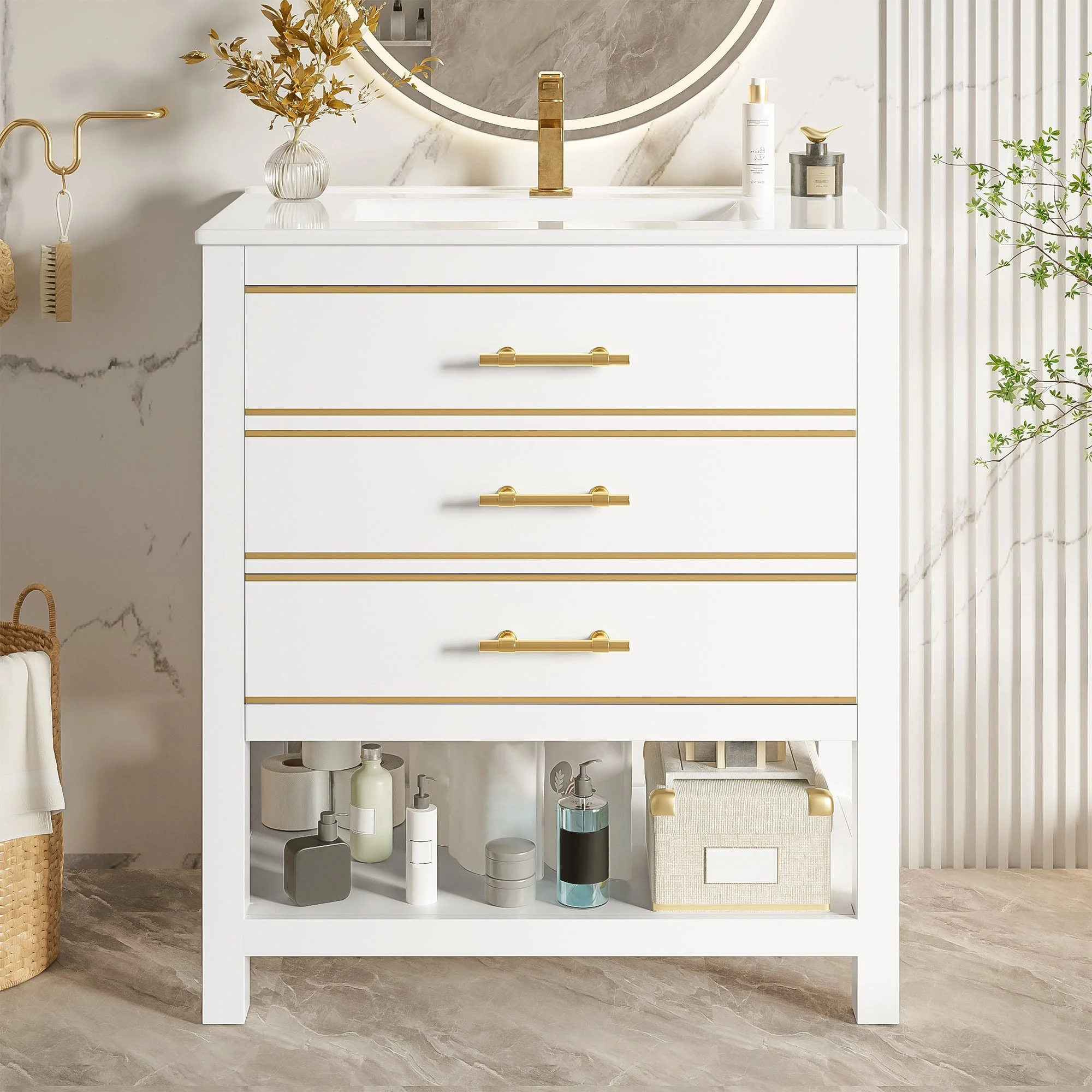 Bathroom Vanity Unit with Ceramic Basin and 2 Drawers, White and Gold - Image 4