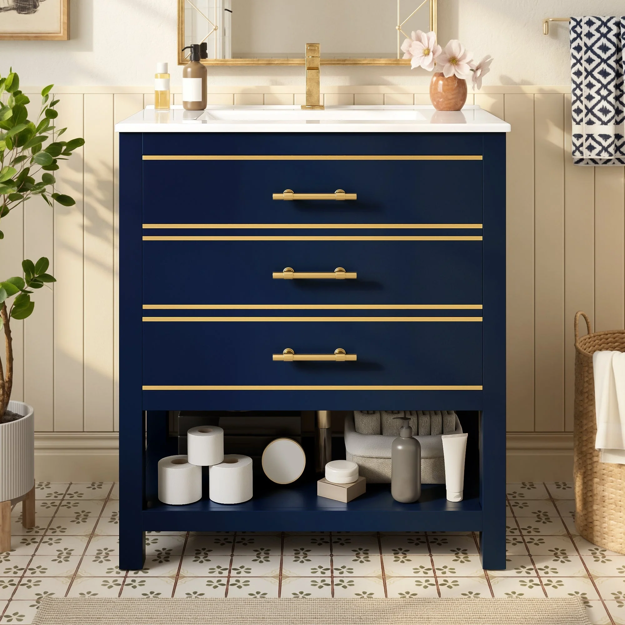 Bathroom Vanity Unit with Ceramic Sink and 2 Drawers, White and Gold - Image 5