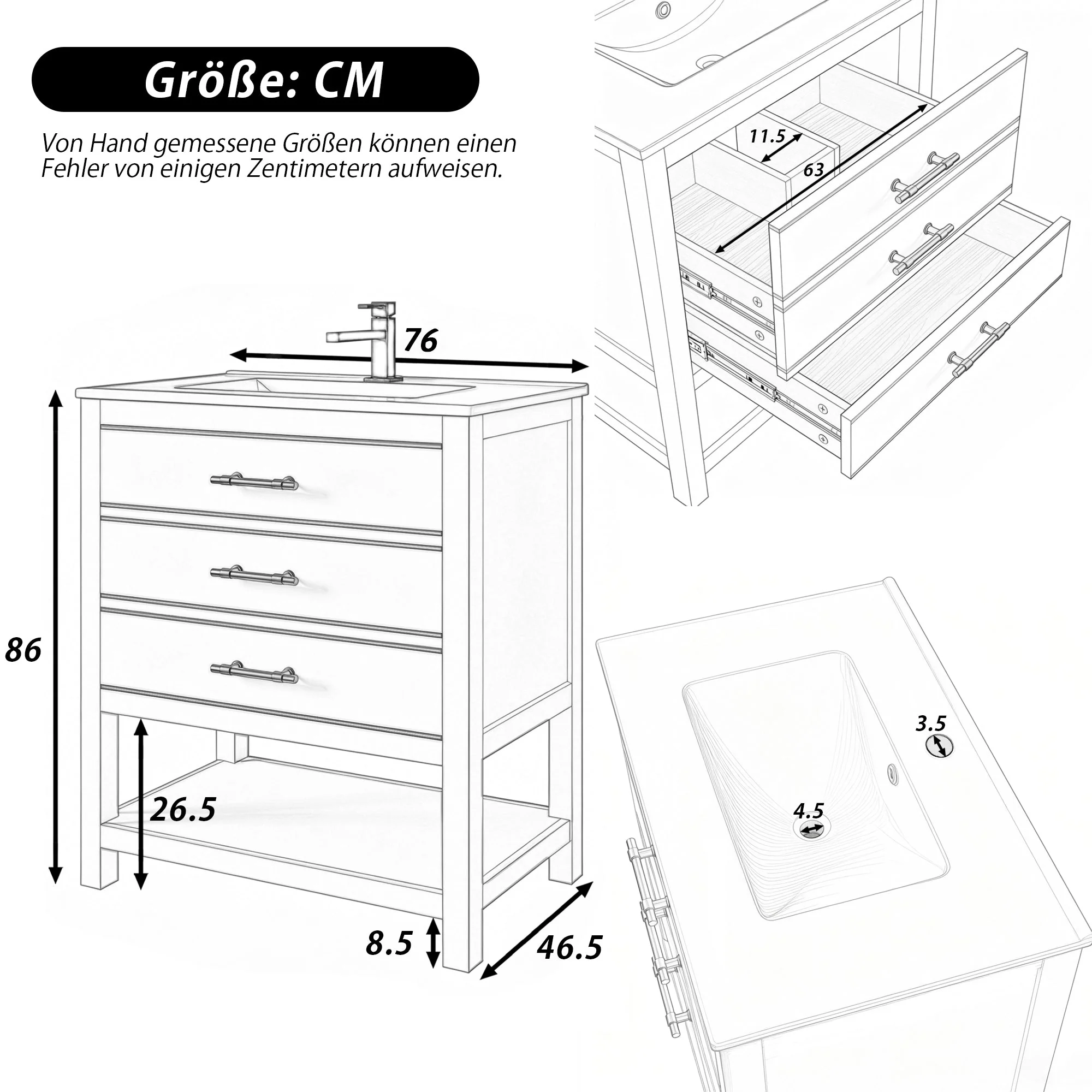 Bathroom Vanity Unit with Ceramic Sink and 2 Drawers, White and Gold - Image 6