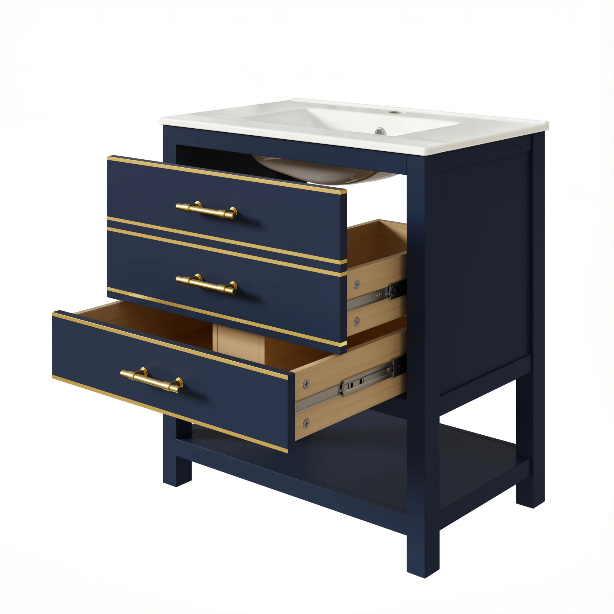 Bathroom Vanity Unit with Ceramic Sink and 2 Drawers, White and Gold - Image 8