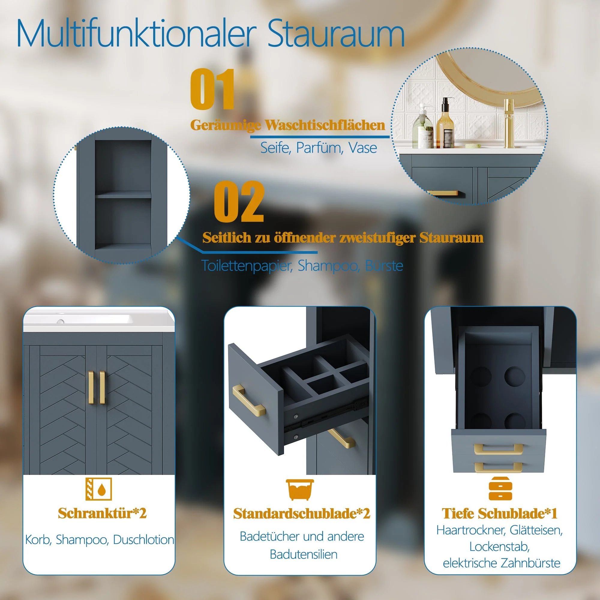 Bathroom Vanity Unit with Ceramic Sink and 3 Drawers, Blue - Image 9