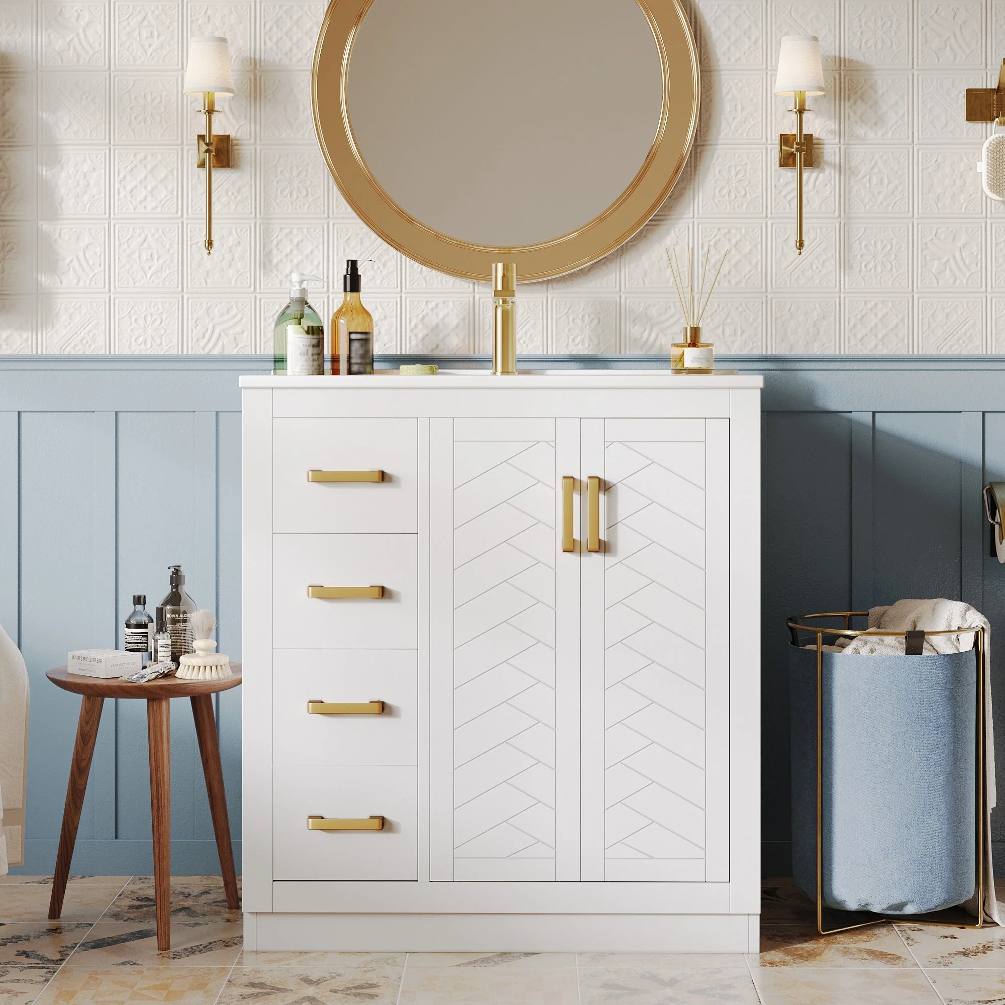 Bathroom Vanity Unit with Ceramic Sink and 3 Drawers, White - Image 2