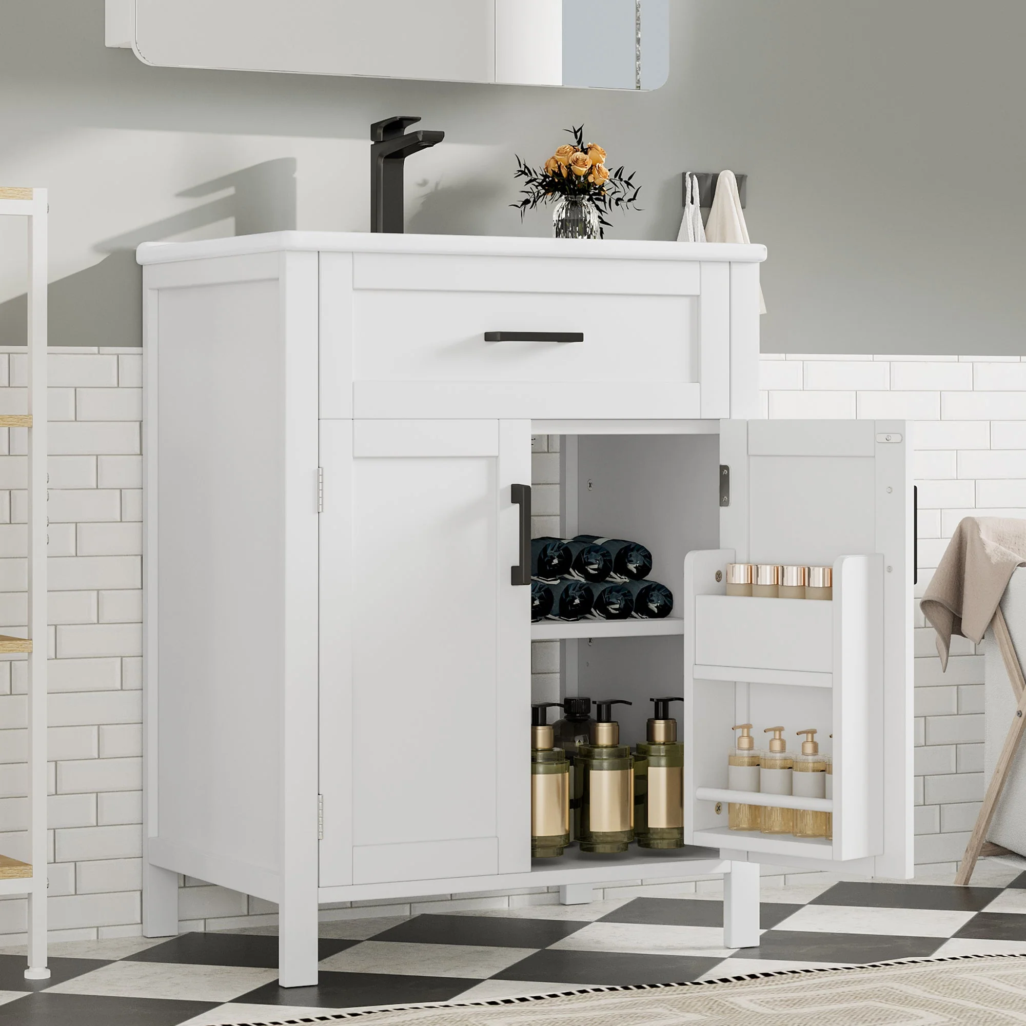 Bathroom Vanity Unit with Ceramic Sink and Adjustable Shelves, White - Image 4