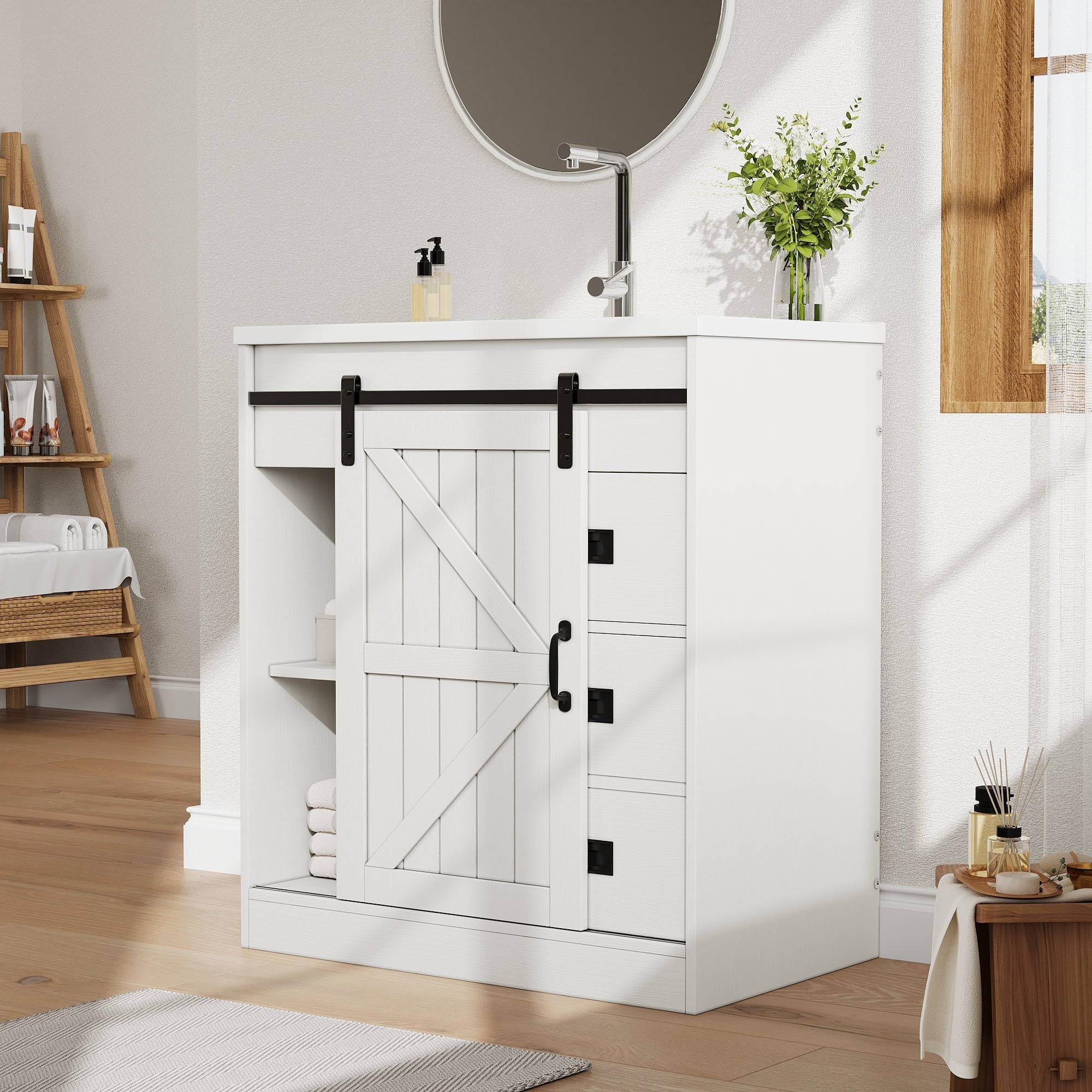 Bathroom Vanity Unit with Ceramic Sink and Barn Door Storage, White - Image 2