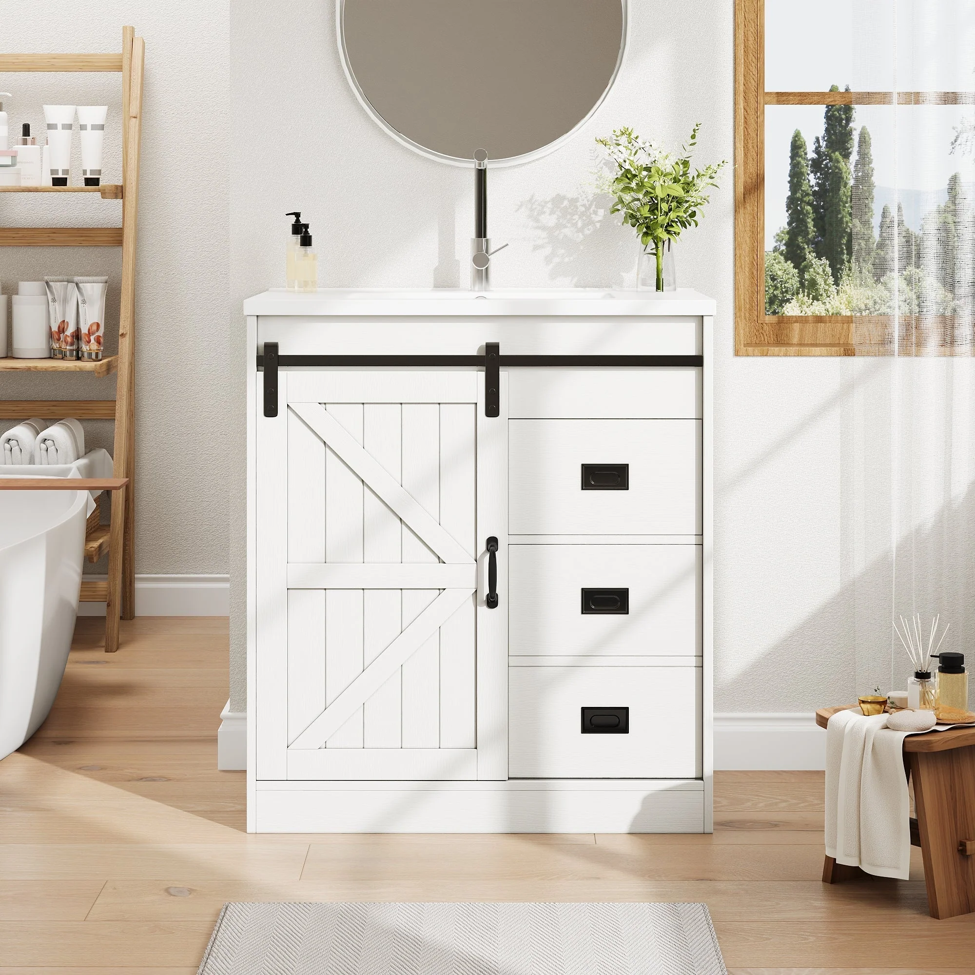 Bathroom Vanity Unit with Ceramic Sink and Barn Door Storage, White - Image 3