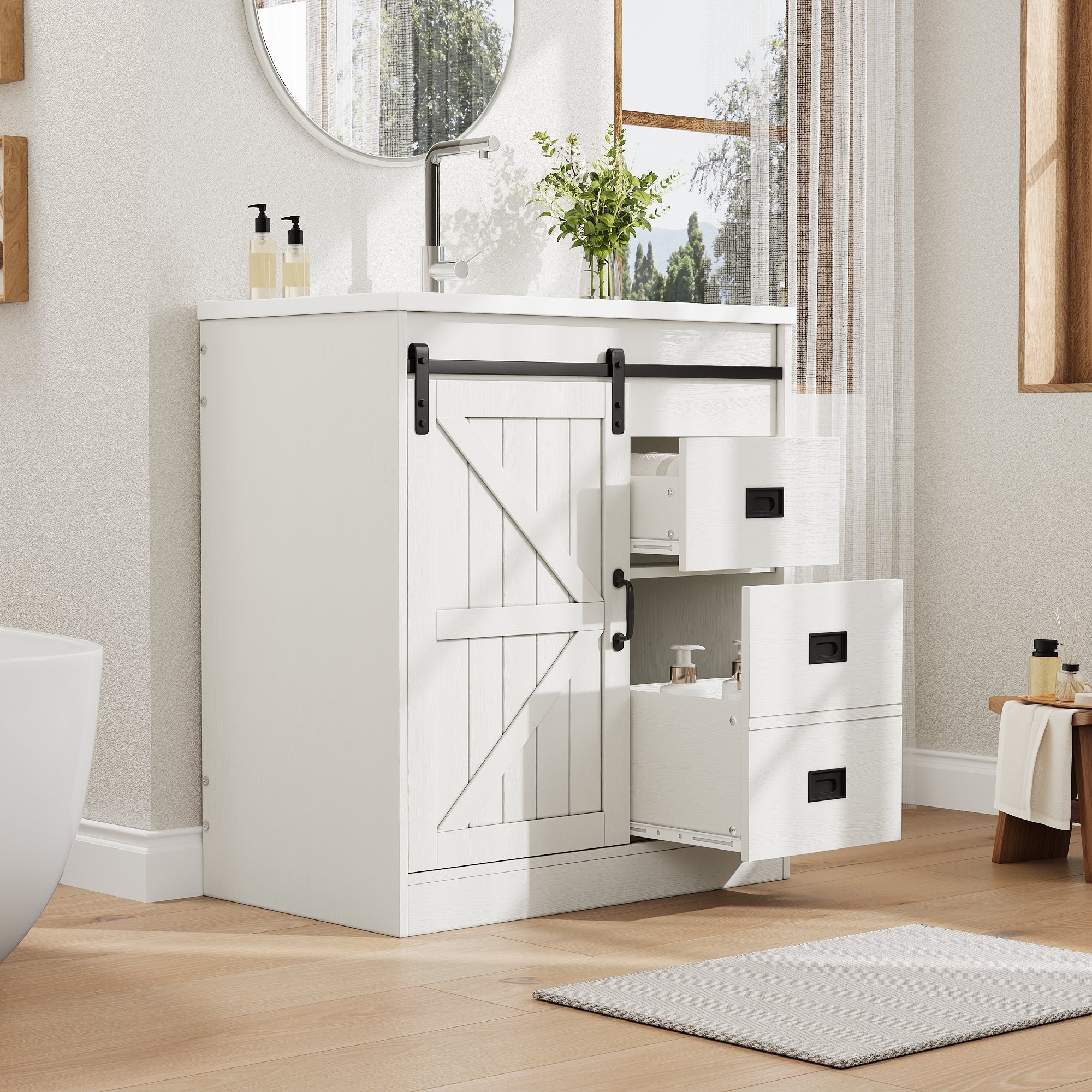 Bathroom Vanity Unit with Ceramic Sink and Barn Door Storage, White - Image 4