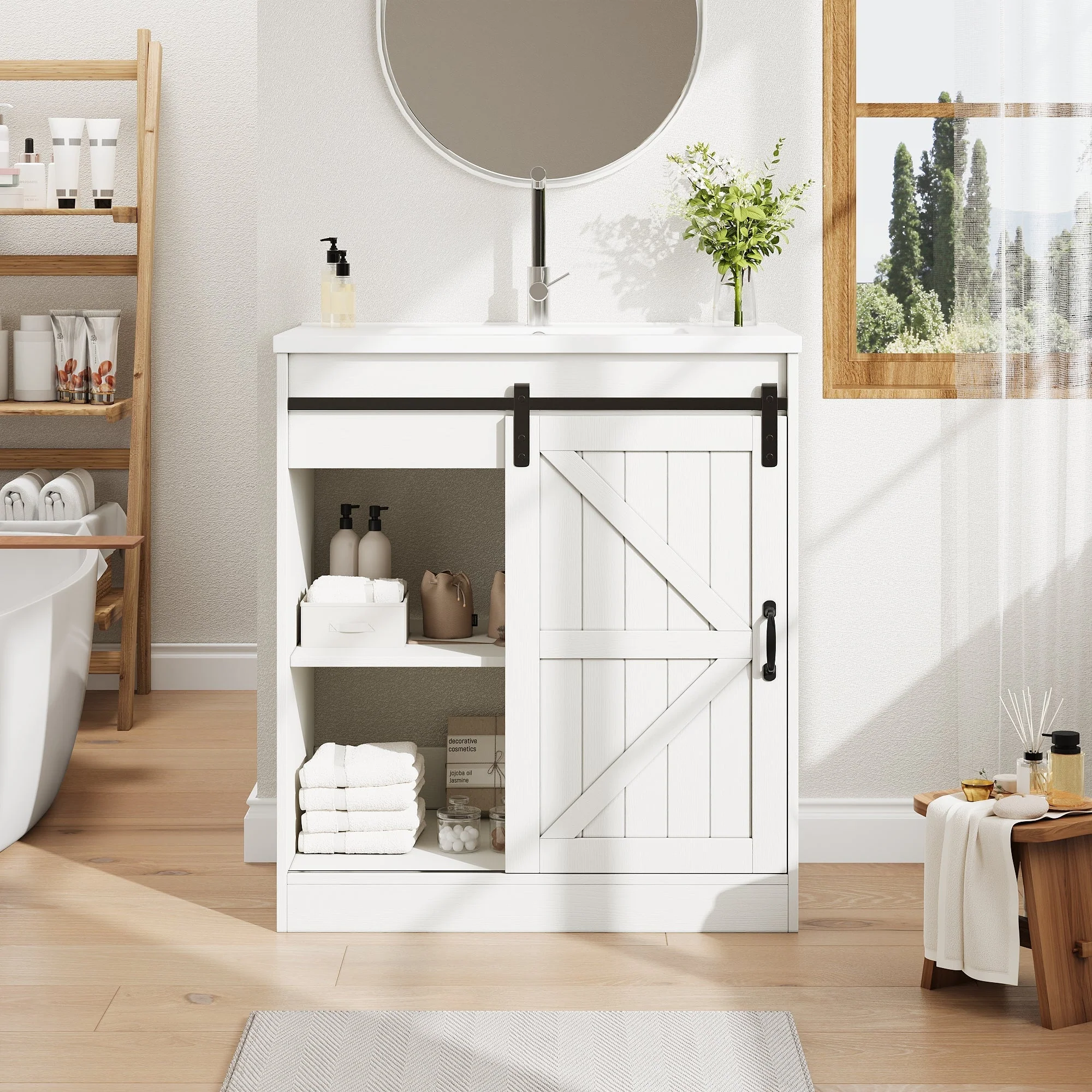 Bathroom Vanity Unit with Ceramic Sink and Barn Door Storage, White - Image 5