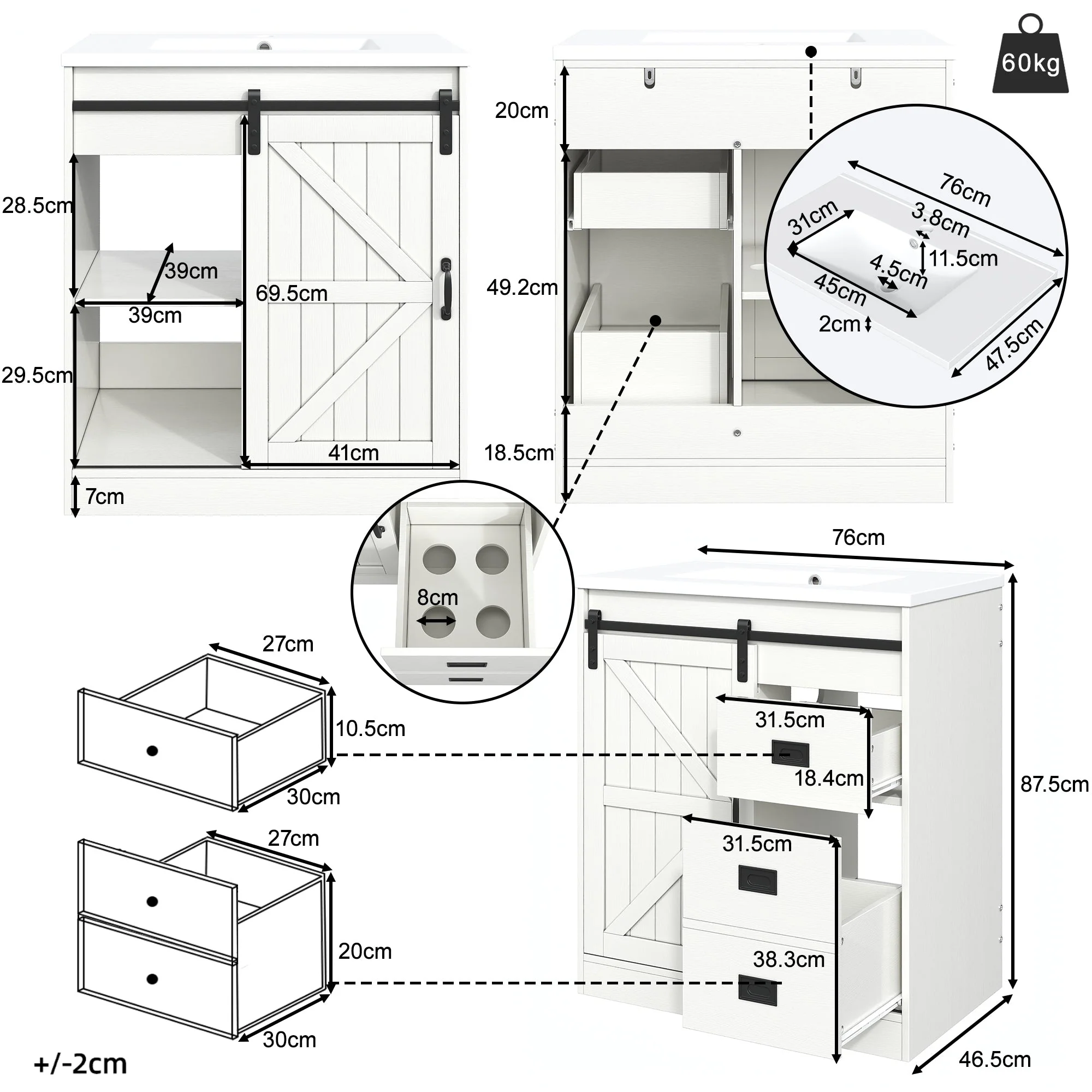 Bathroom Vanity Unit with Ceramic Sink and Barn Door Storage, White - Image 6