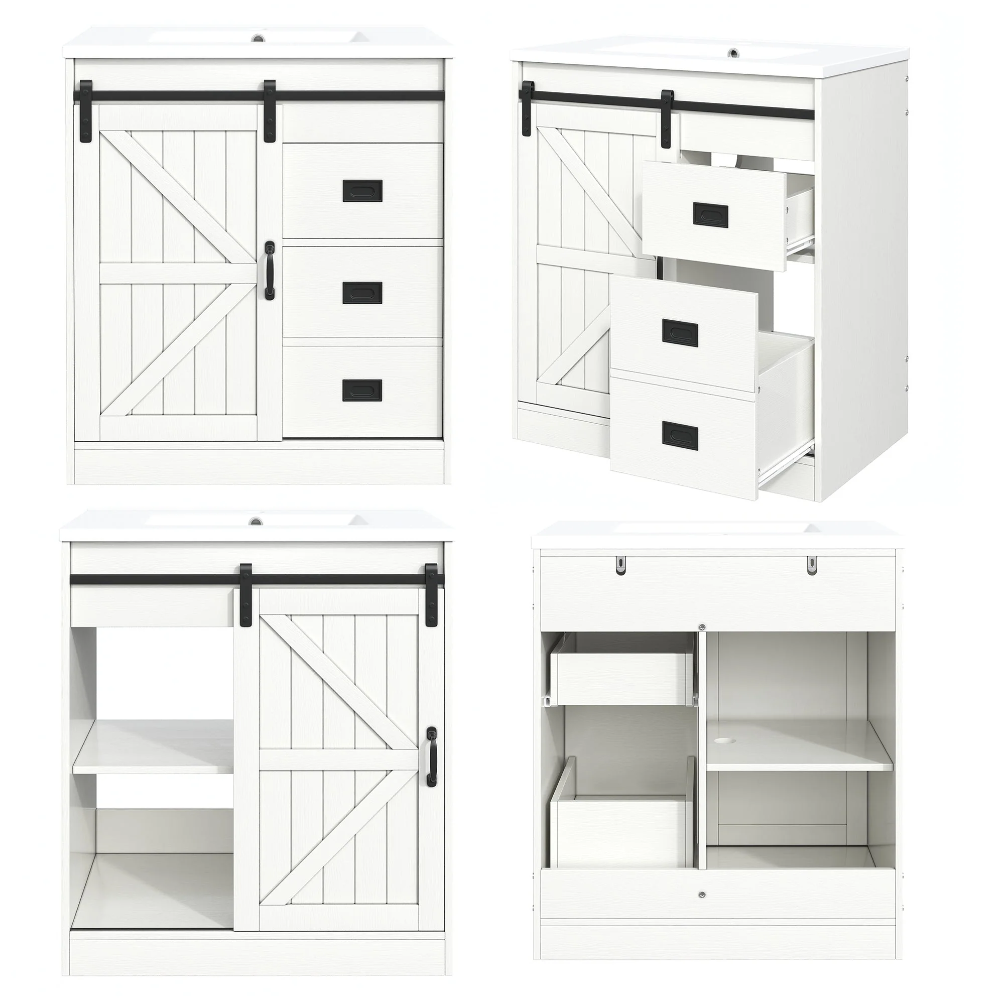 Bathroom Vanity Unit with Ceramic Sink and Barn Door Storage, White - Image 7
