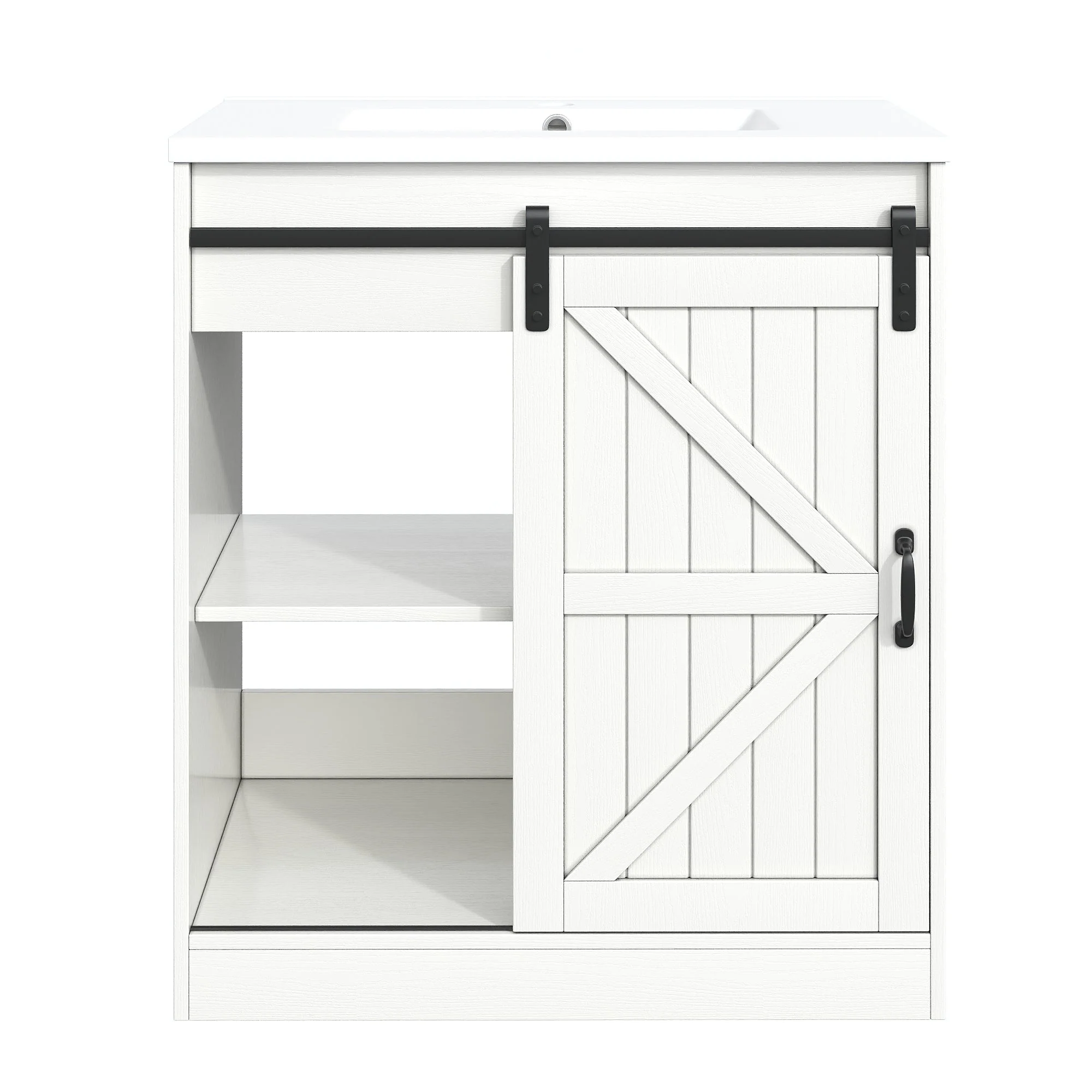 Bathroom Vanity Unit with Ceramic Sink and Barn Door Storage, White - Image 8