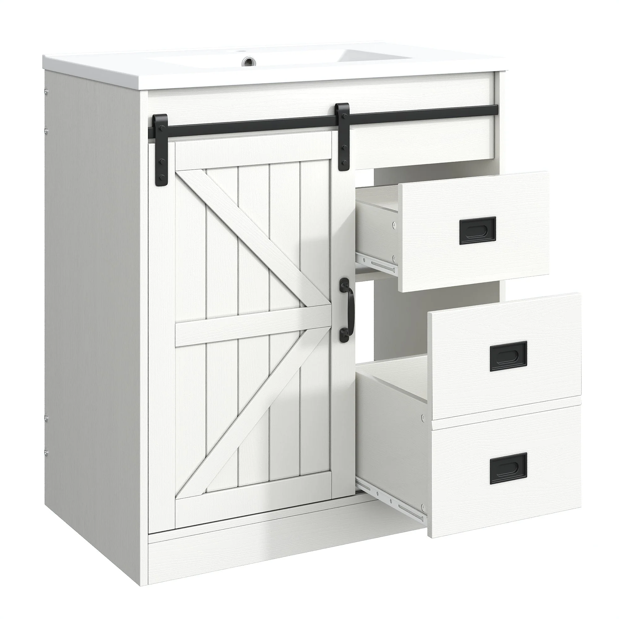 Bathroom Vanity Unit with Ceramic Sink and Barn Door Storage, White - Image 9