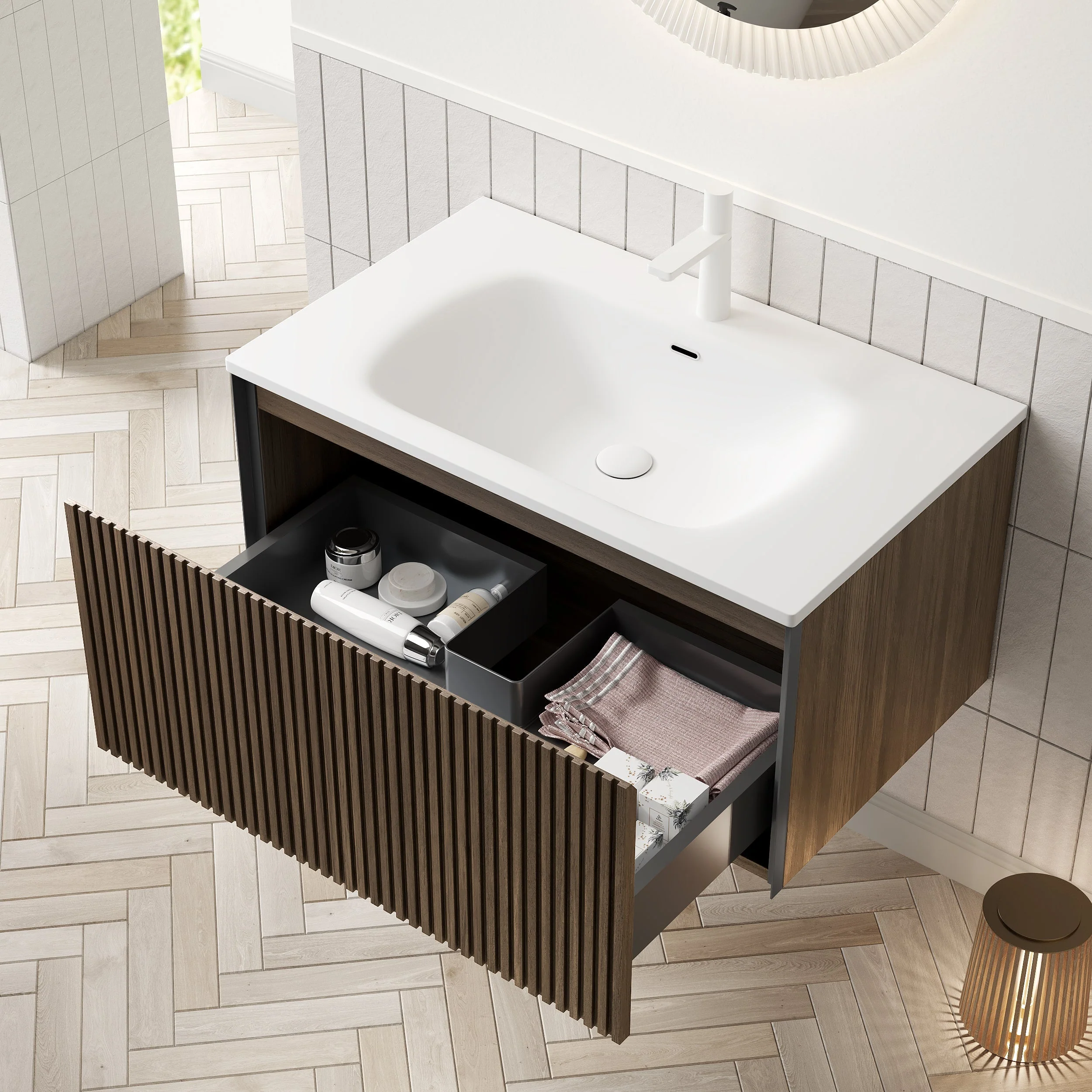 Bathroom Vanity Unit with Ceramic Sink and Drawer, 80cm Wall-Mounted Plywood, Brown Oak Finish - Image 3