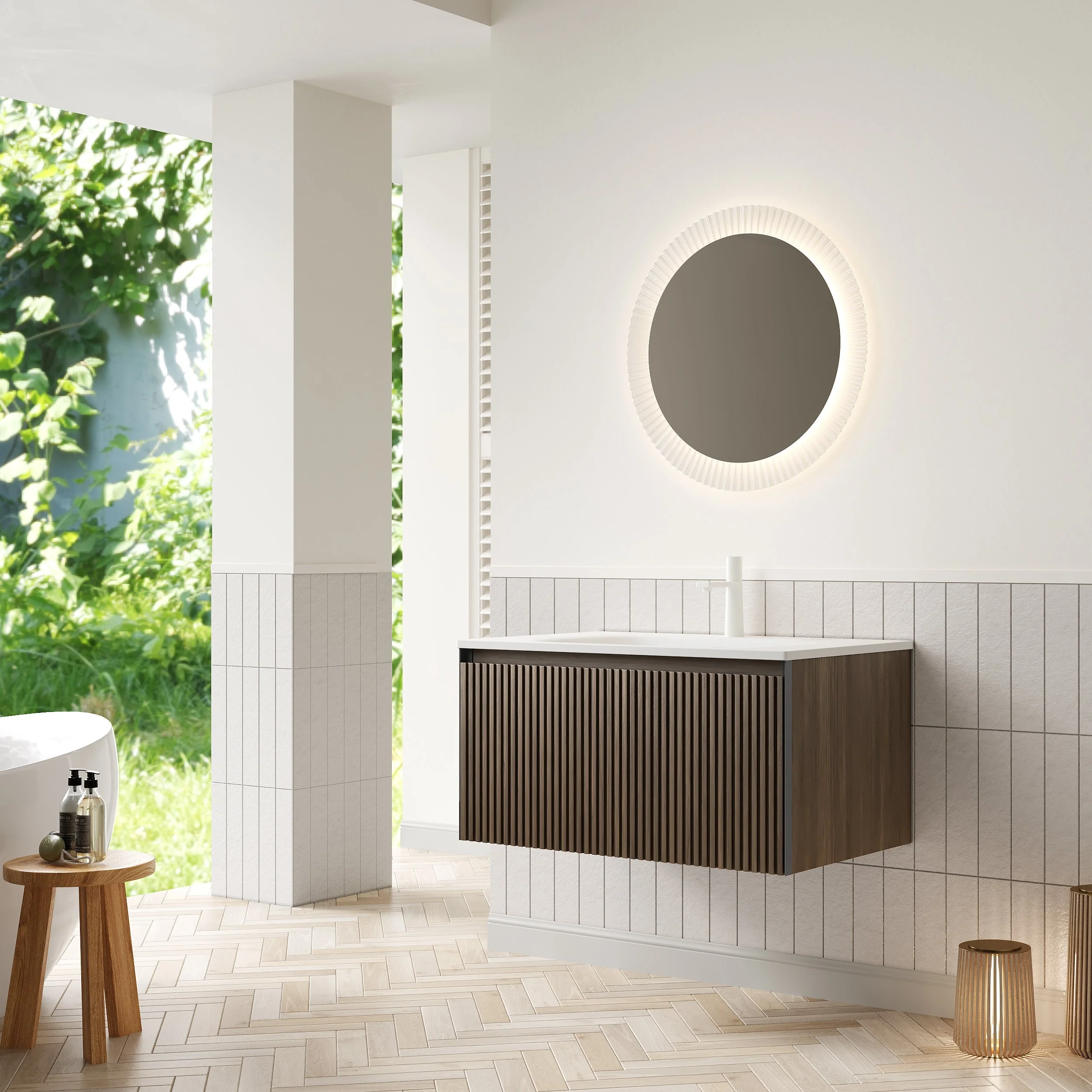Bathroom Vanity Unit with Ceramic Sink and Drawer, 80cm Wall-Mounted Plywood, Brown Oak Finish - Image 4