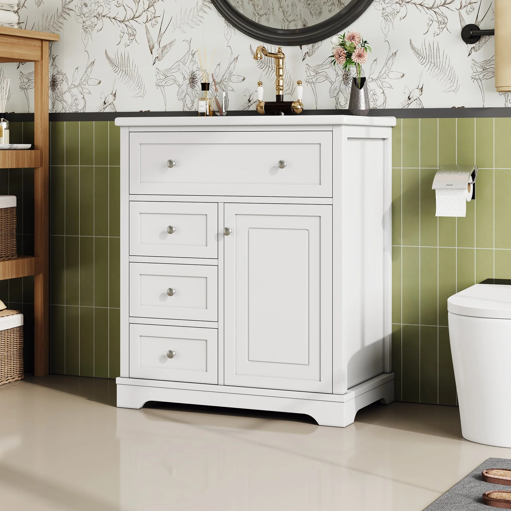 Bathroom Vanity Unit with Ceramic Sink and Drop-down Drawer, White - Image 4