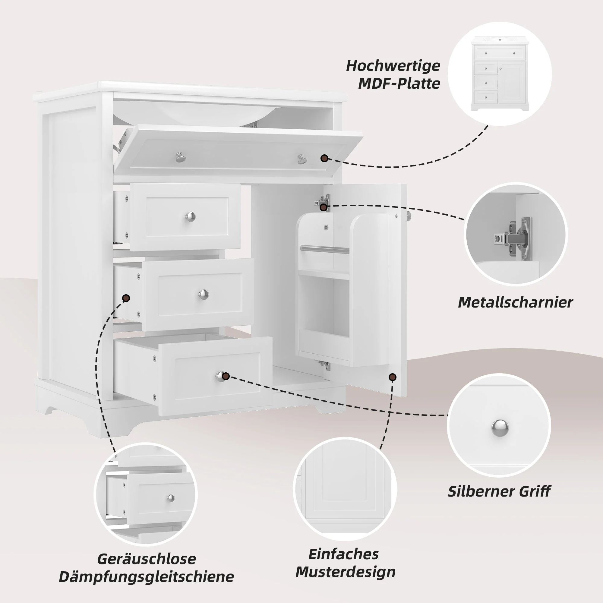 Bathroom Vanity Unit with Ceramic Sink and Drop-down Drawer, White - Image 9