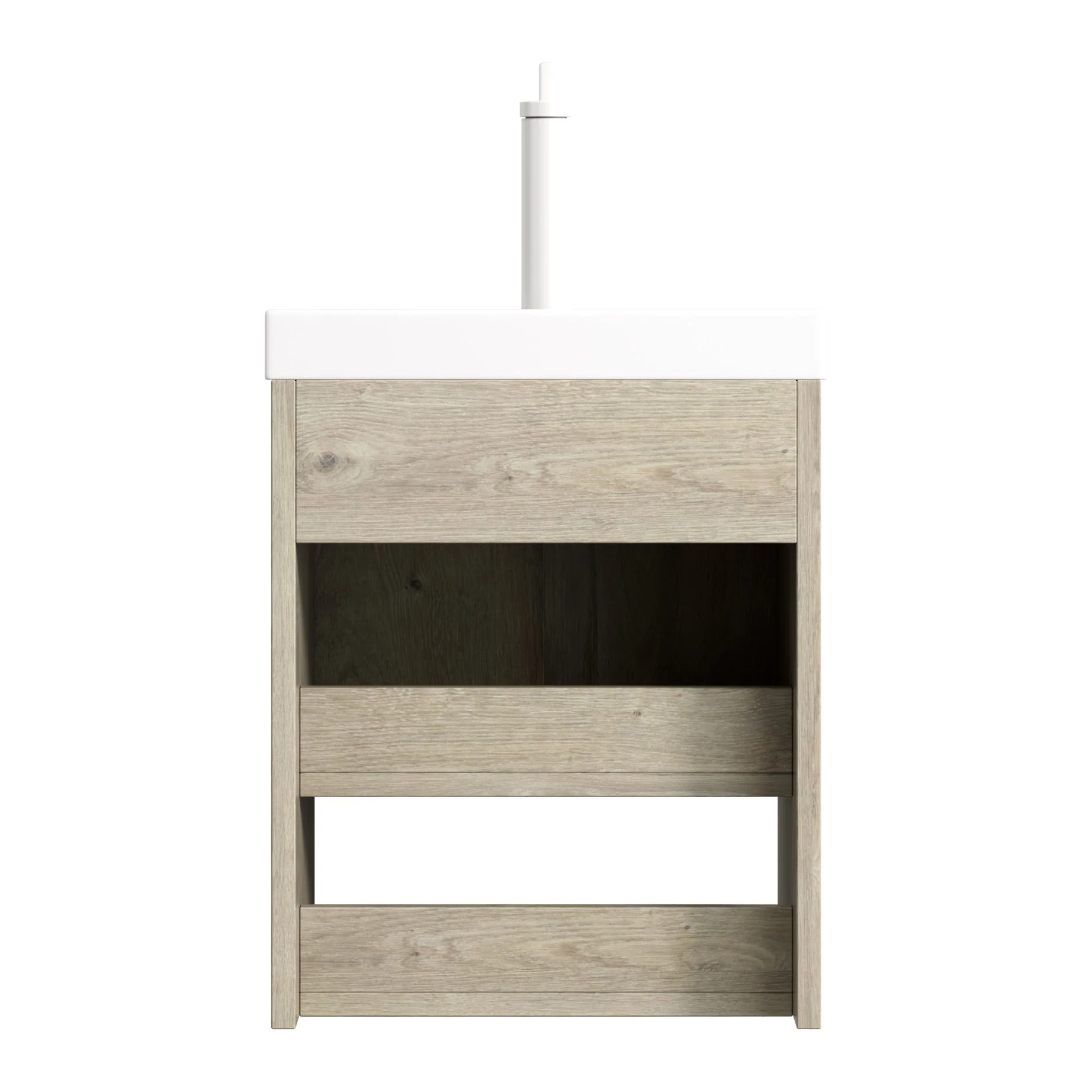 Bathroom Vanity Unit with Ceramic Sink and Open Shelf, Oak Cream Wood Grain - Image 9